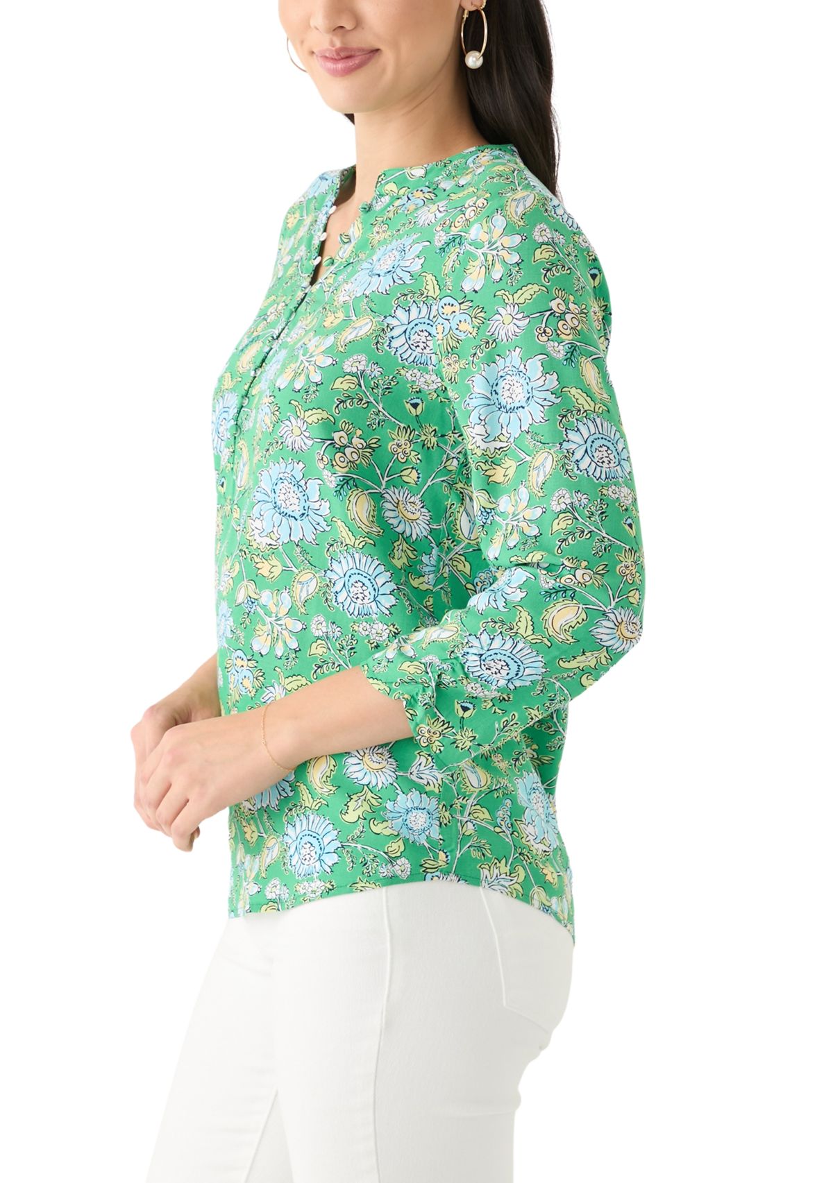Womens 3/4 Sleeve Printed Woven Henley Top