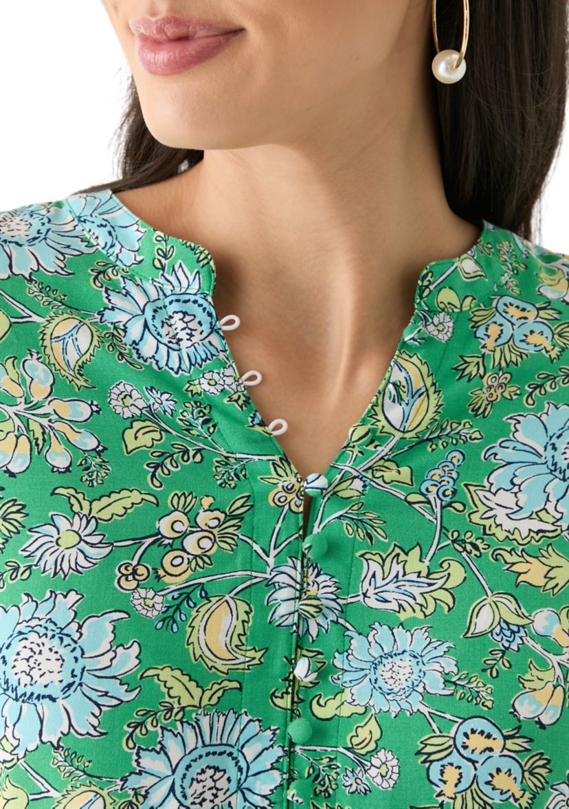 Womens 3/4 Sleeve Printed Woven Henley Top