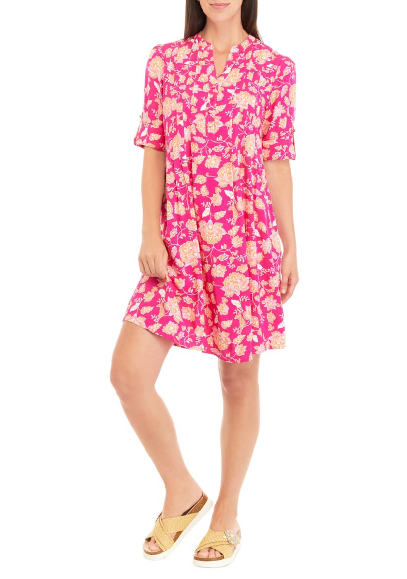 Womens Printed Elbow Sleeve Pleated Dress