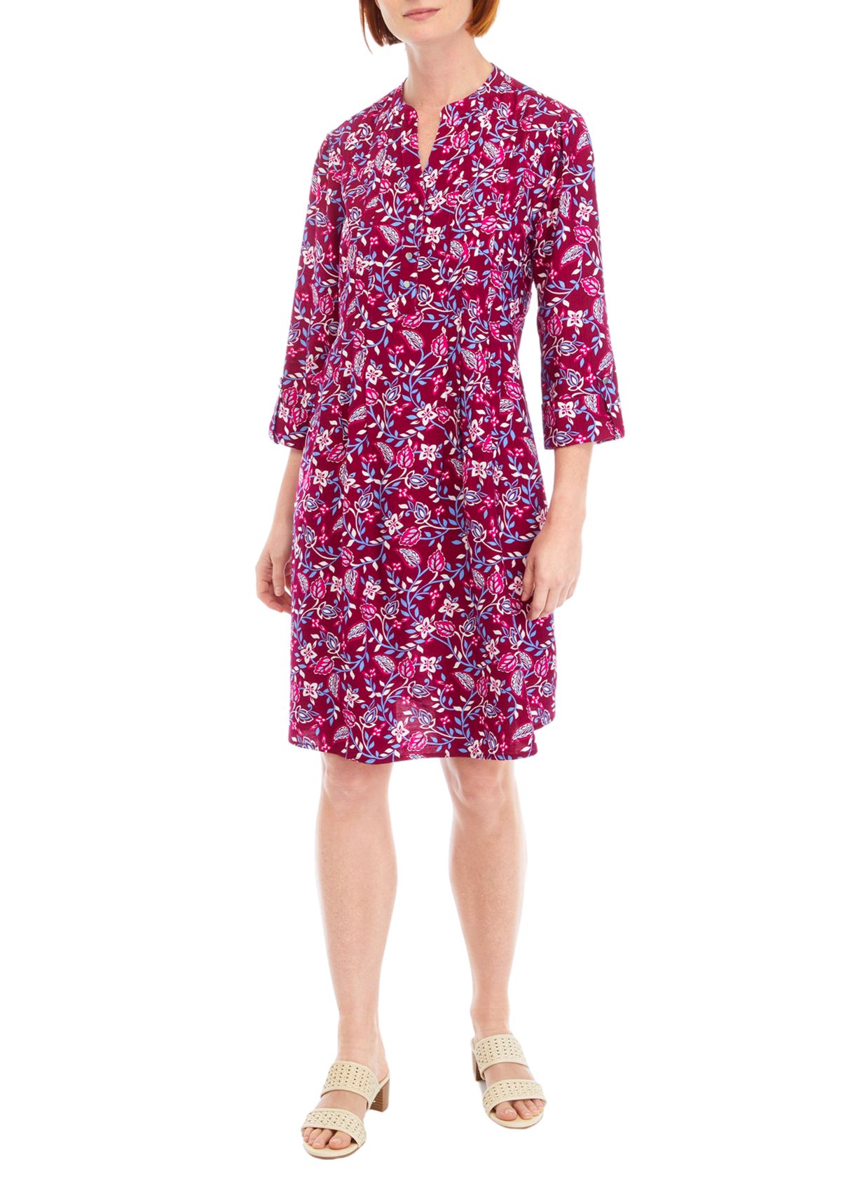 Womens 3/4 Sleeve Printed Henley Dress
