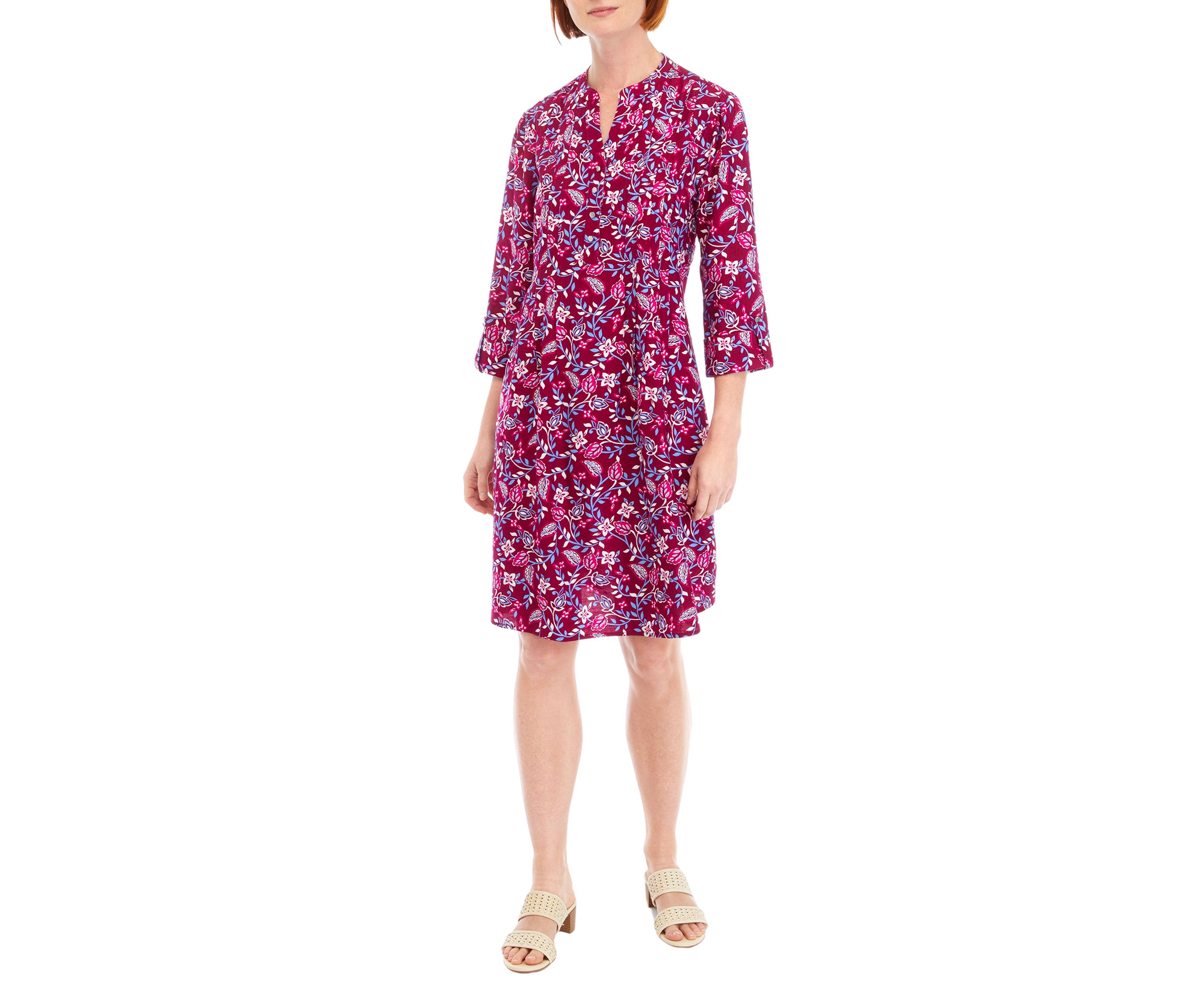 Womens 3/4 Sleeve Printed Henley Dress
