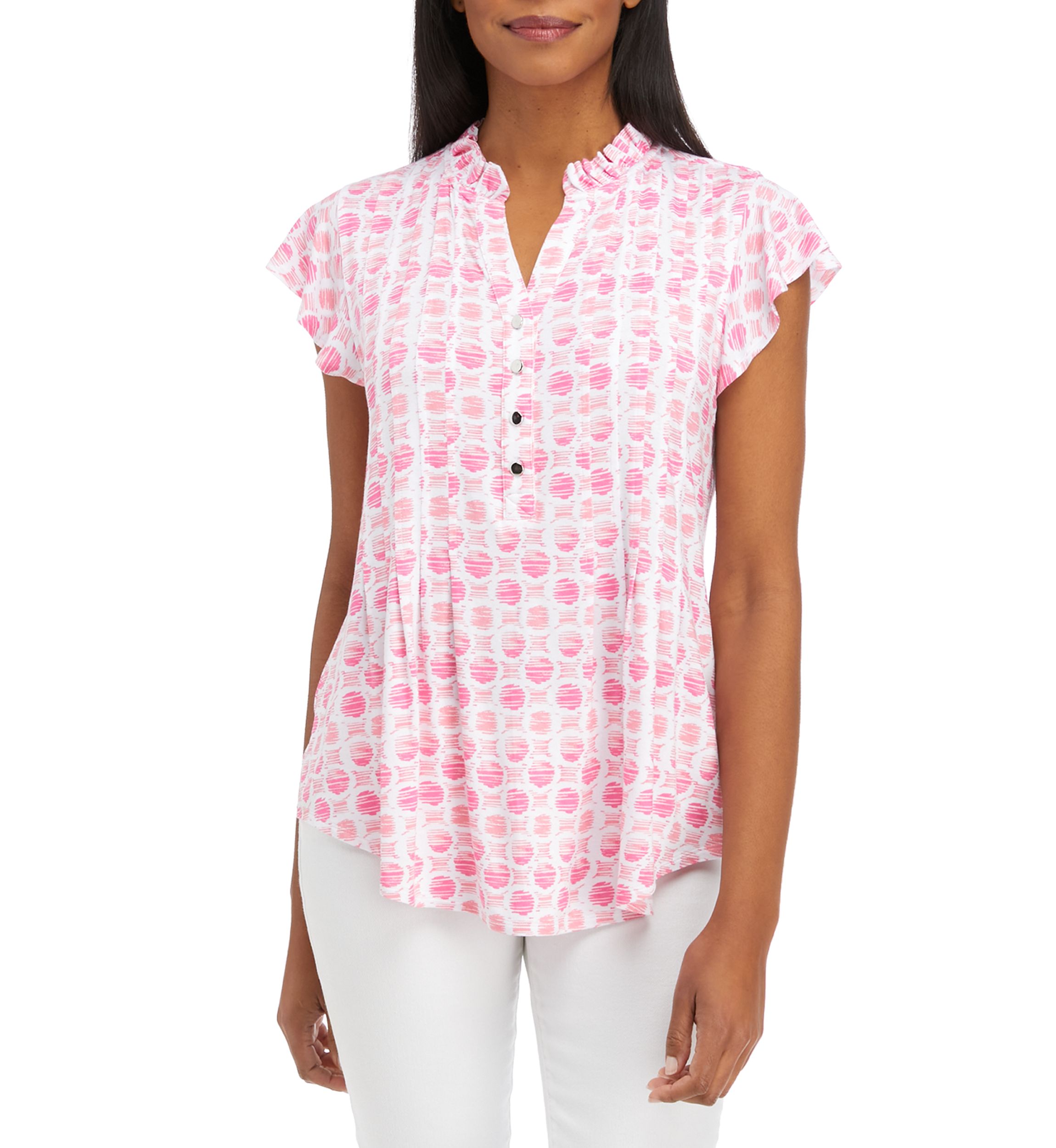 Womens Flutter Sleeve Ruffle Neck Top