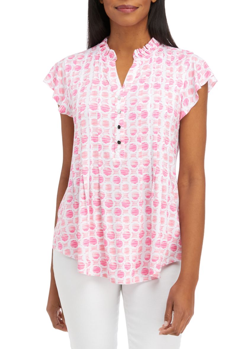 Womens Flutter Sleeve Ruffle Neck Top