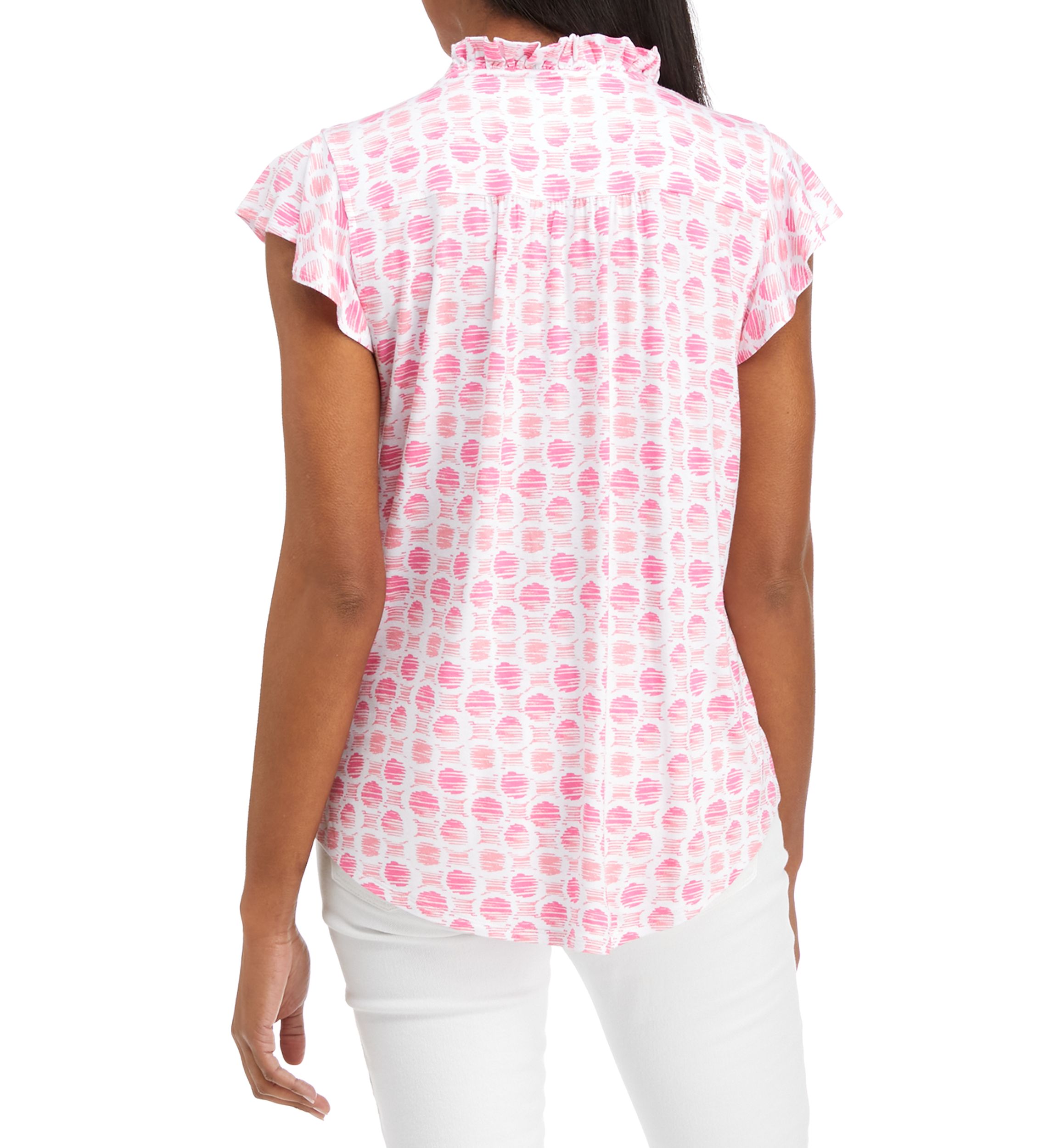 Womens Flutter Sleeve Ruffle Neck Top