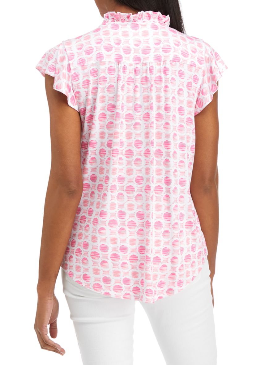 Womens Flutter Sleeve Ruffle Neck Top