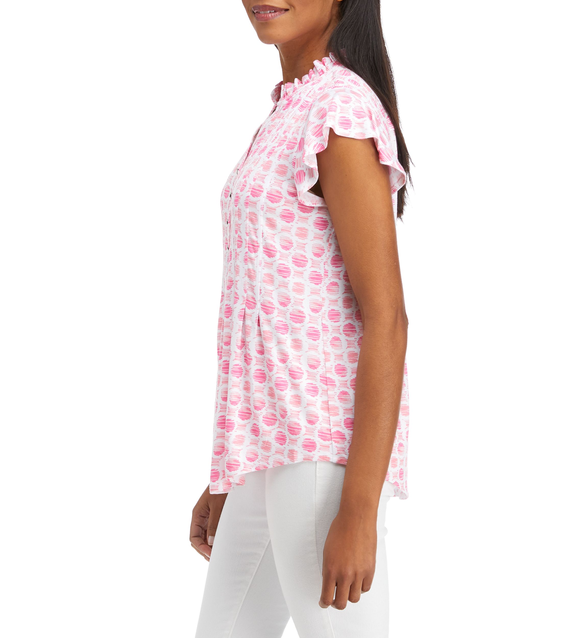 Womens Flutter Sleeve Ruffle Neck Top