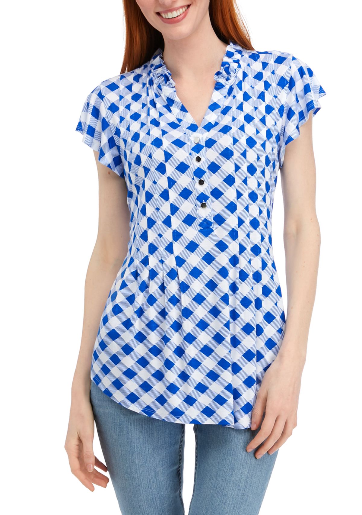 Womens Flutter Sleeve Knit Henley Top