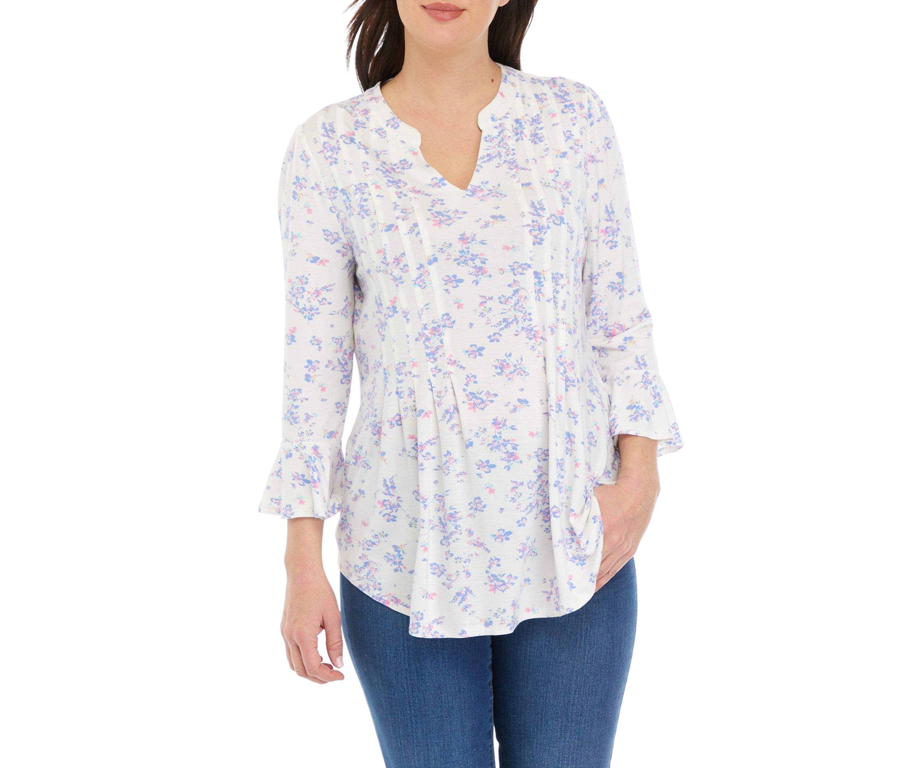 Womens 3/4 Bell Sleeve Printed Knit Top