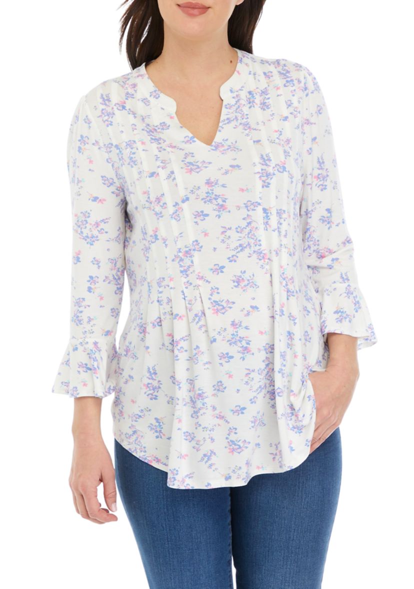 Womens 3/4 Bell Sleeve Printed Knit Top