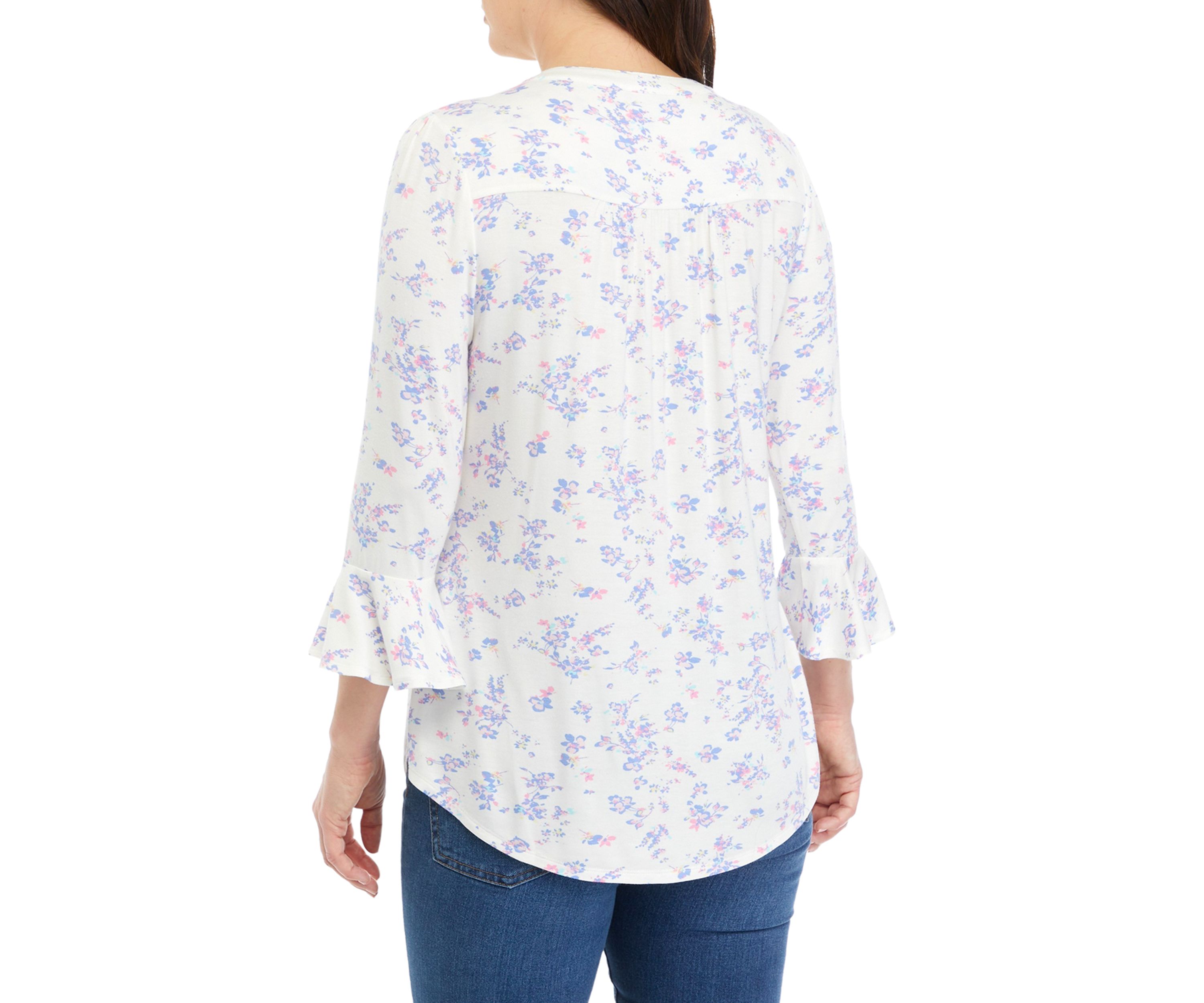 Womens 3/4 Bell Sleeve Printed Knit Top