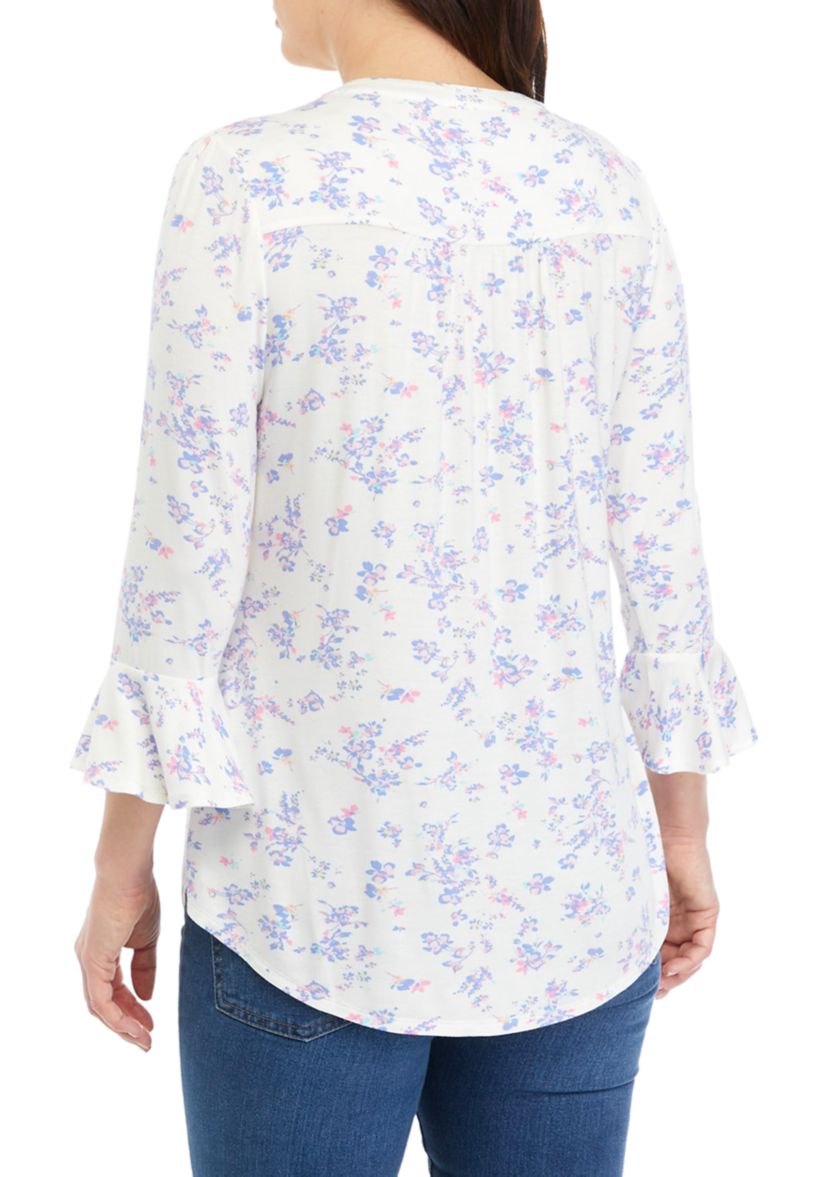 Womens 3/4 Bell Sleeve Printed Knit Top