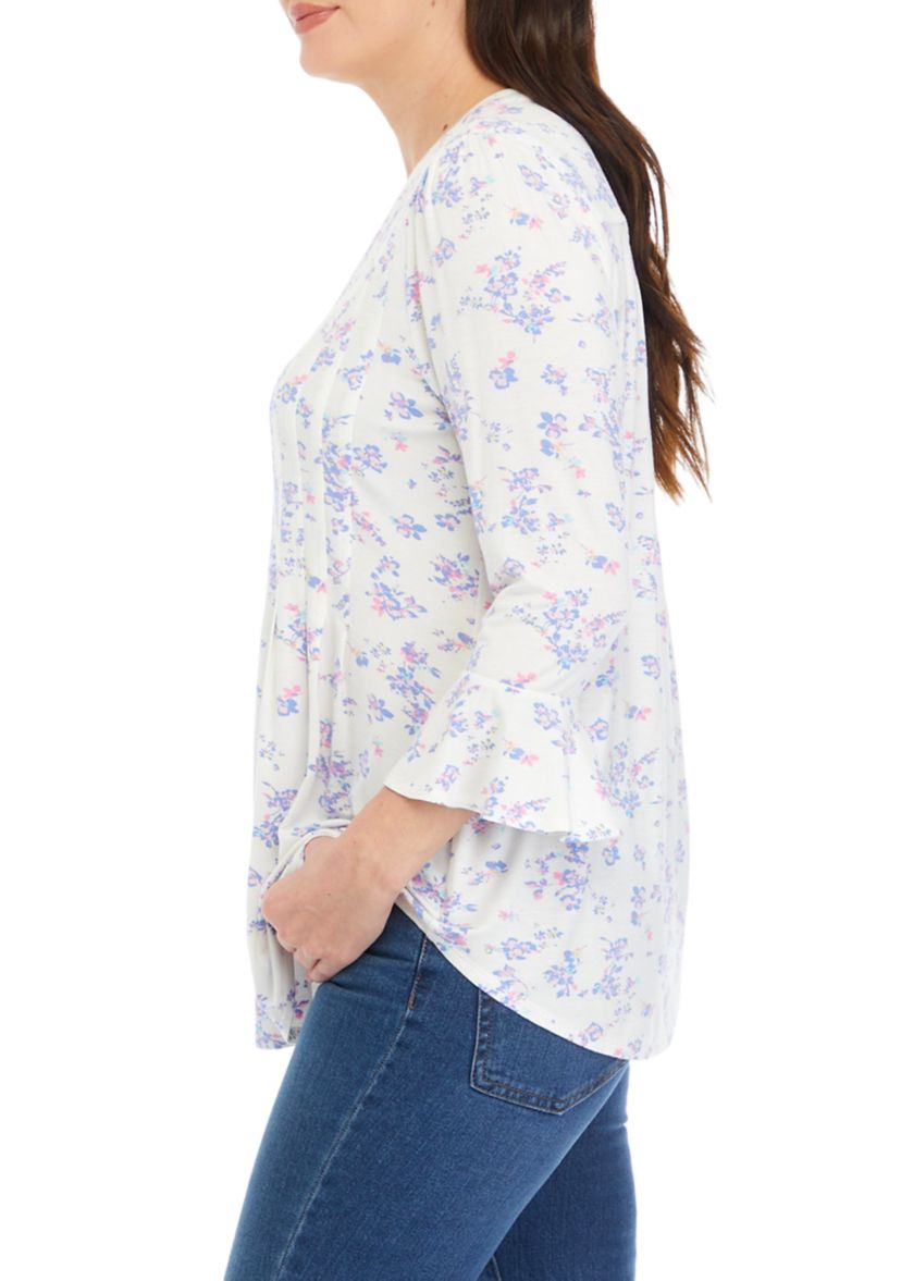Womens 3/4 Bell Sleeve Printed Knit Top
