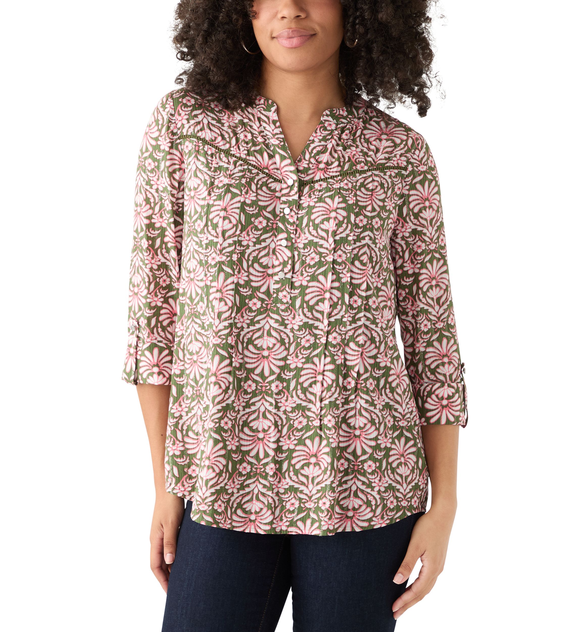 Womens 3/4 Sleeve Printed Henley Top with Trim 