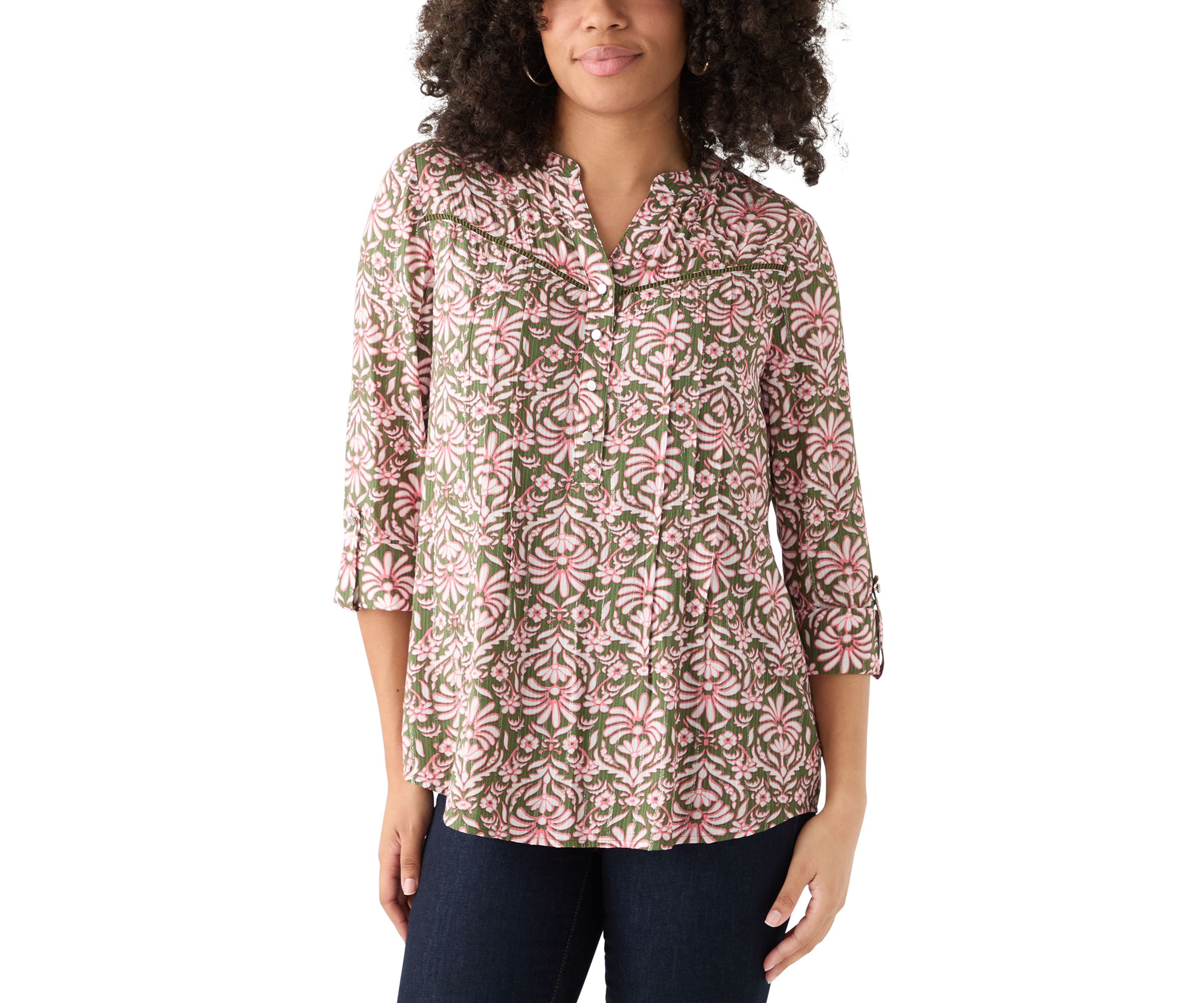 Womens 3/4 Sleeve Printed Henley Top with Trim 