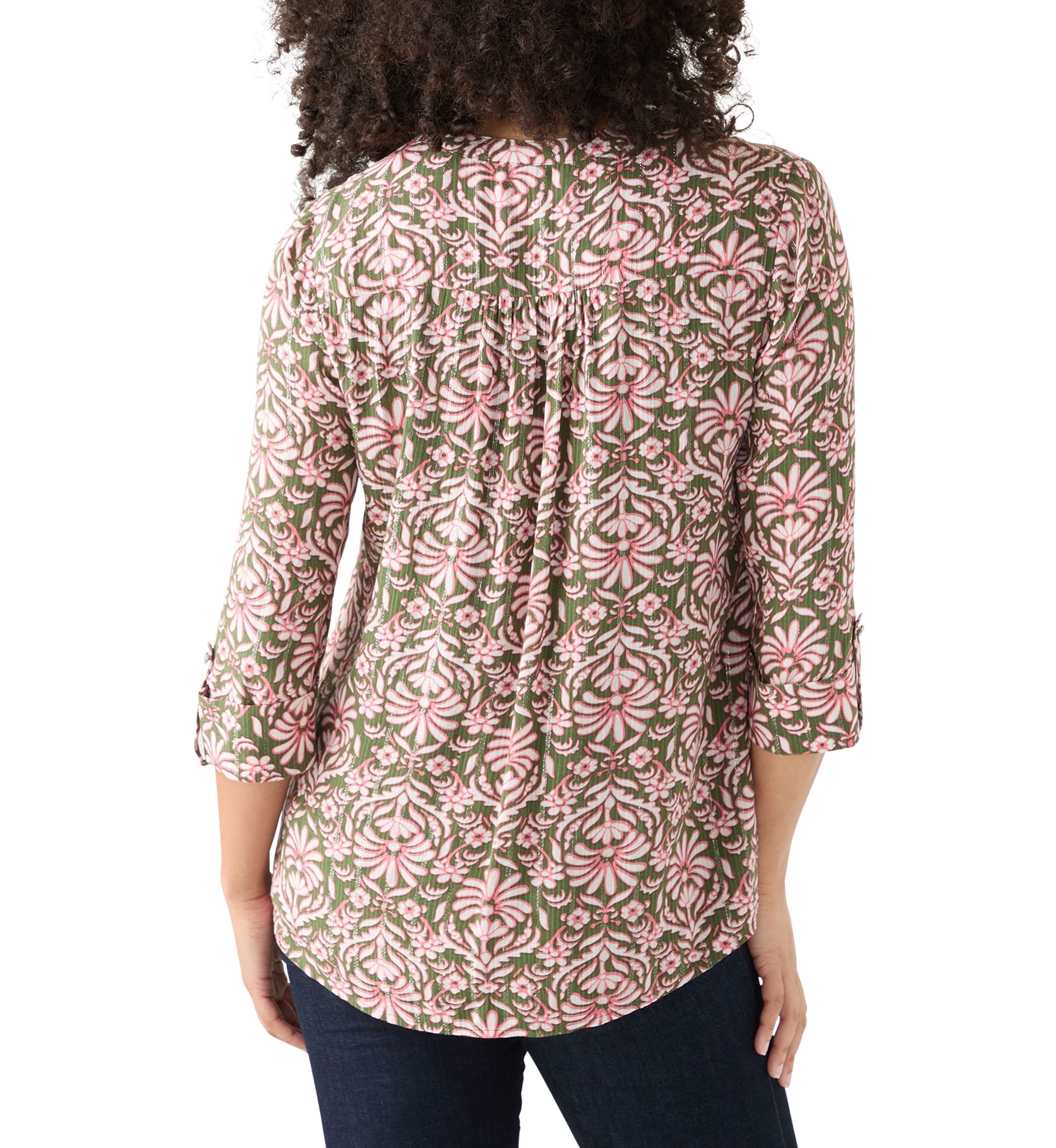 Womens 3/4 Sleeve Printed Henley Top with Trim 