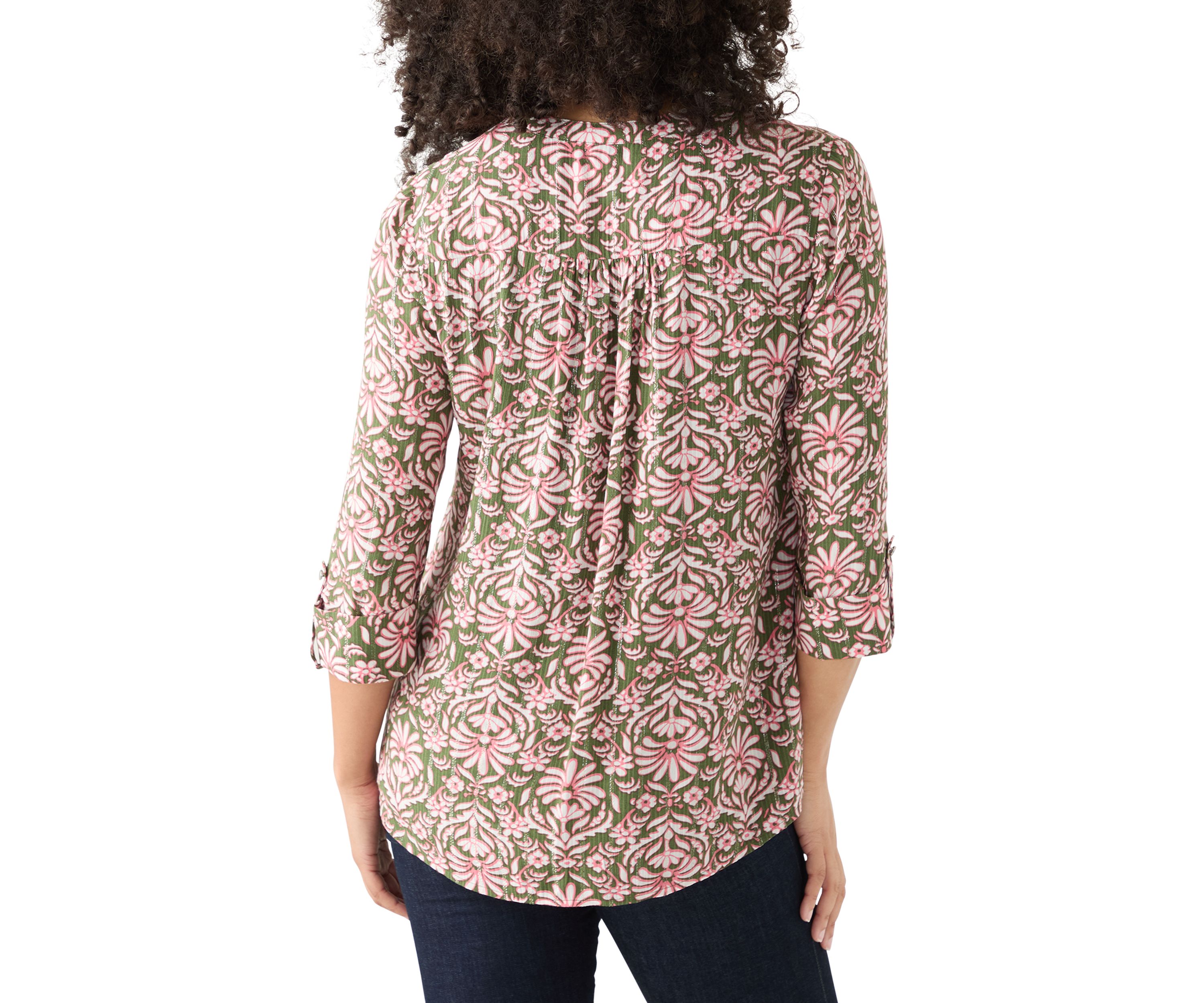 Womens 3/4 Sleeve Printed Henley Top with Trim 