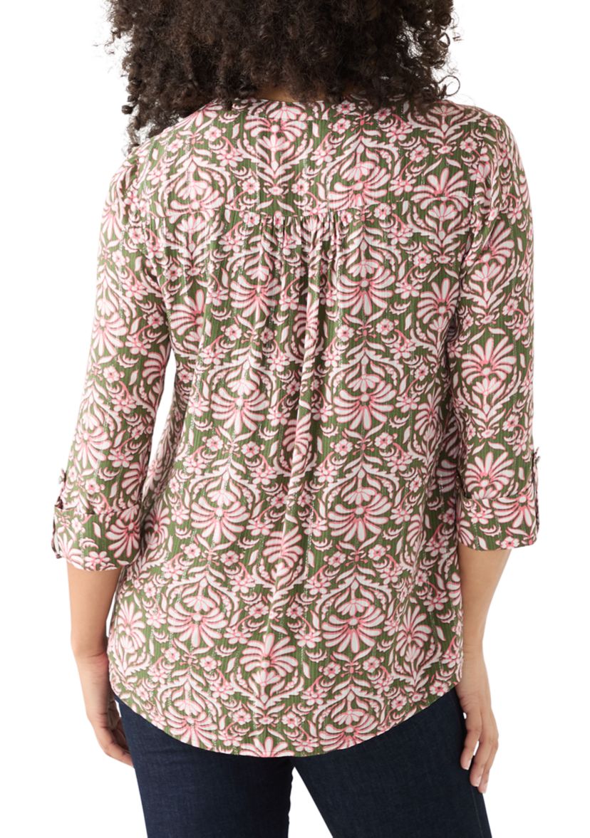 Womens 3/4 Sleeve Printed Henley Top with Trim 