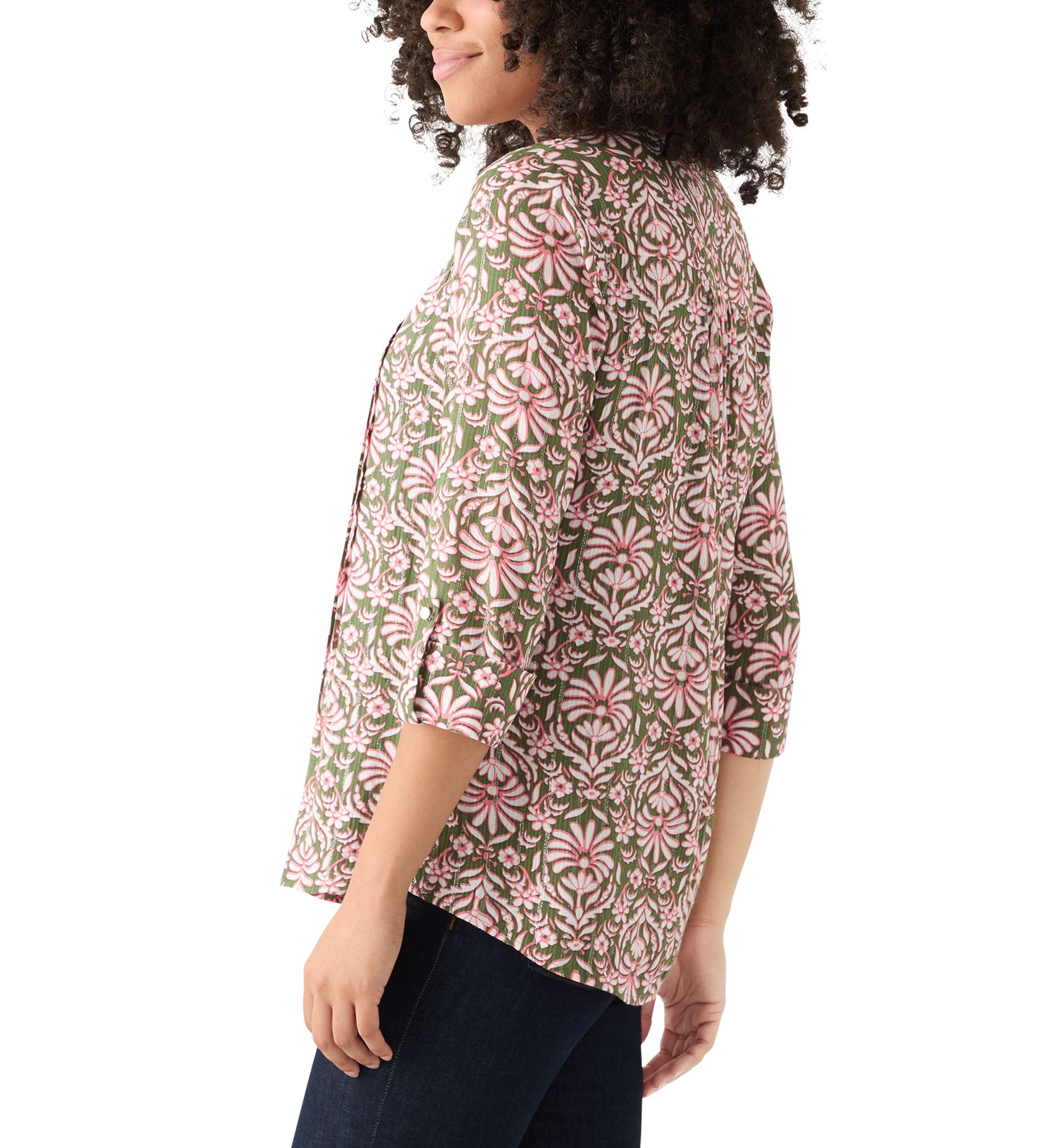 Womens 3/4 Sleeve Printed Henley Top with Trim 