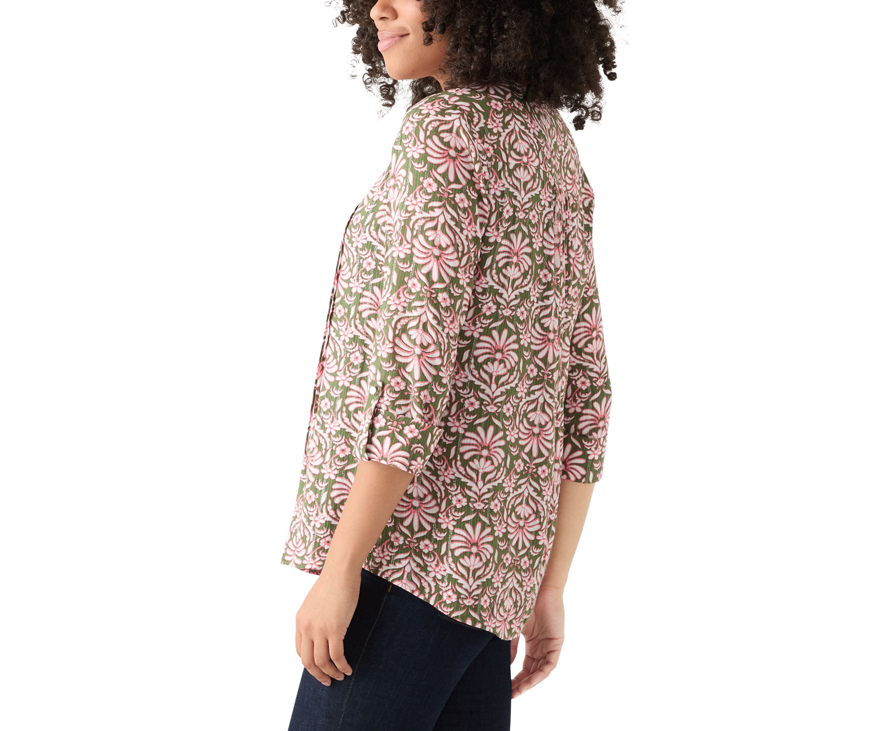 Womens 3/4 Sleeve Printed Henley Top with Trim 