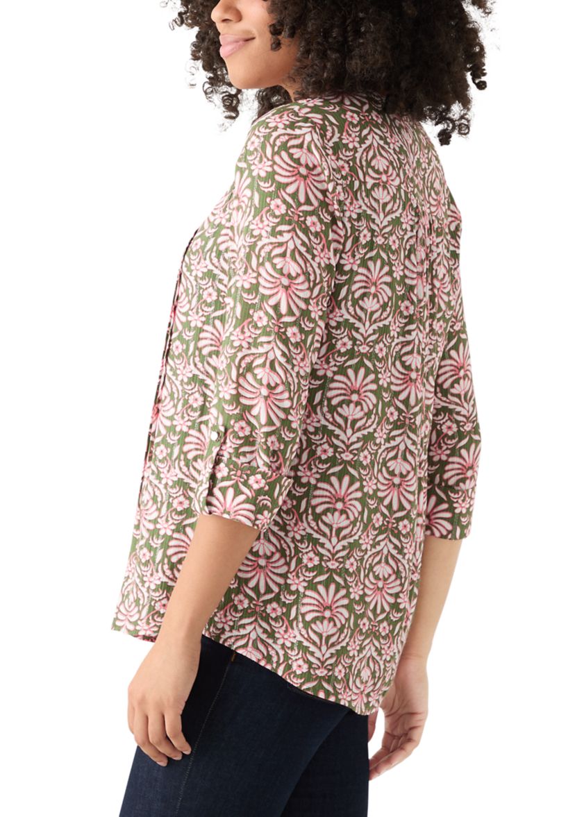Womens 3/4 Sleeve Printed Henley Top with Trim 