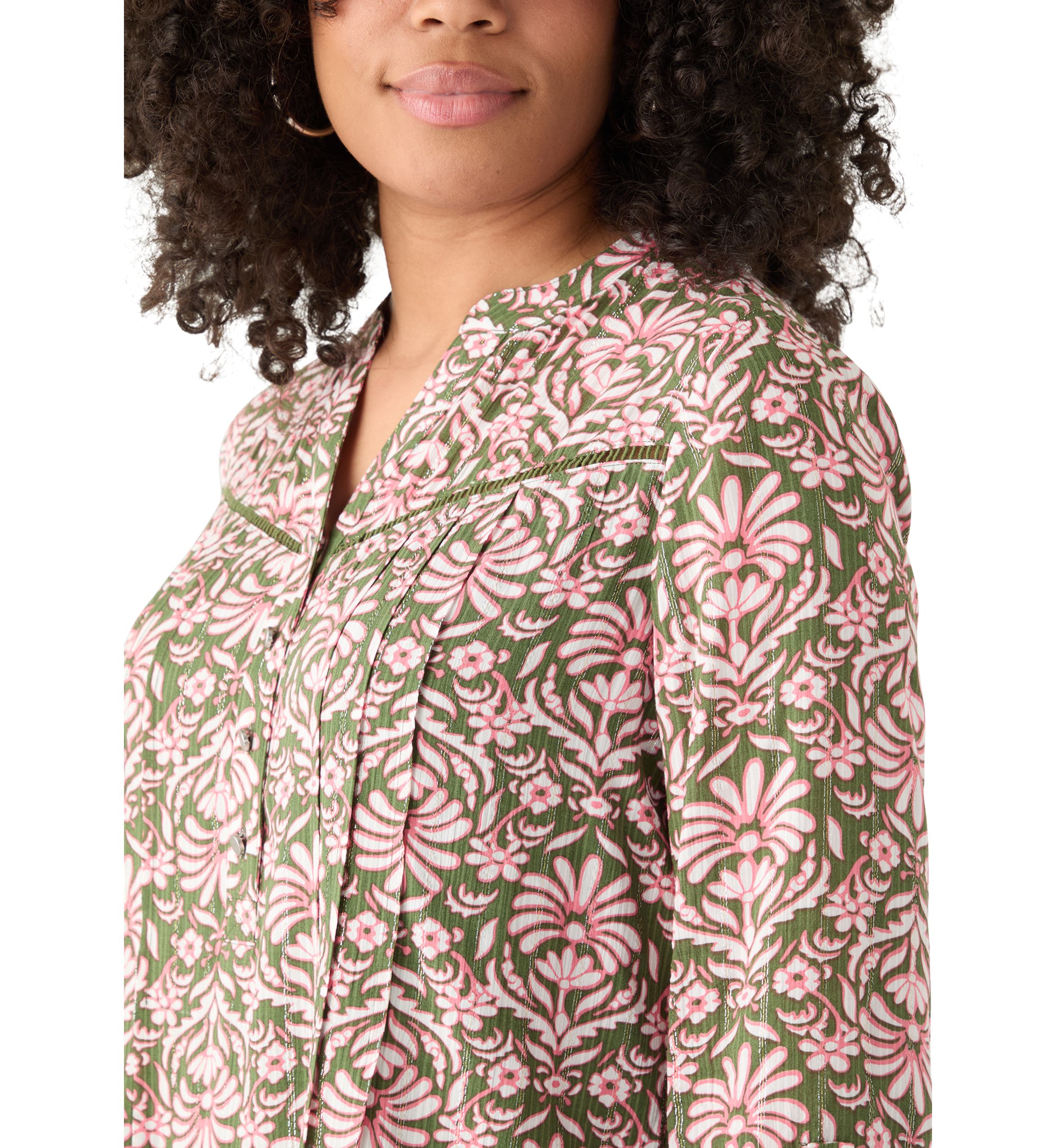 Womens 3/4 Sleeve Printed Henley Top with Trim 