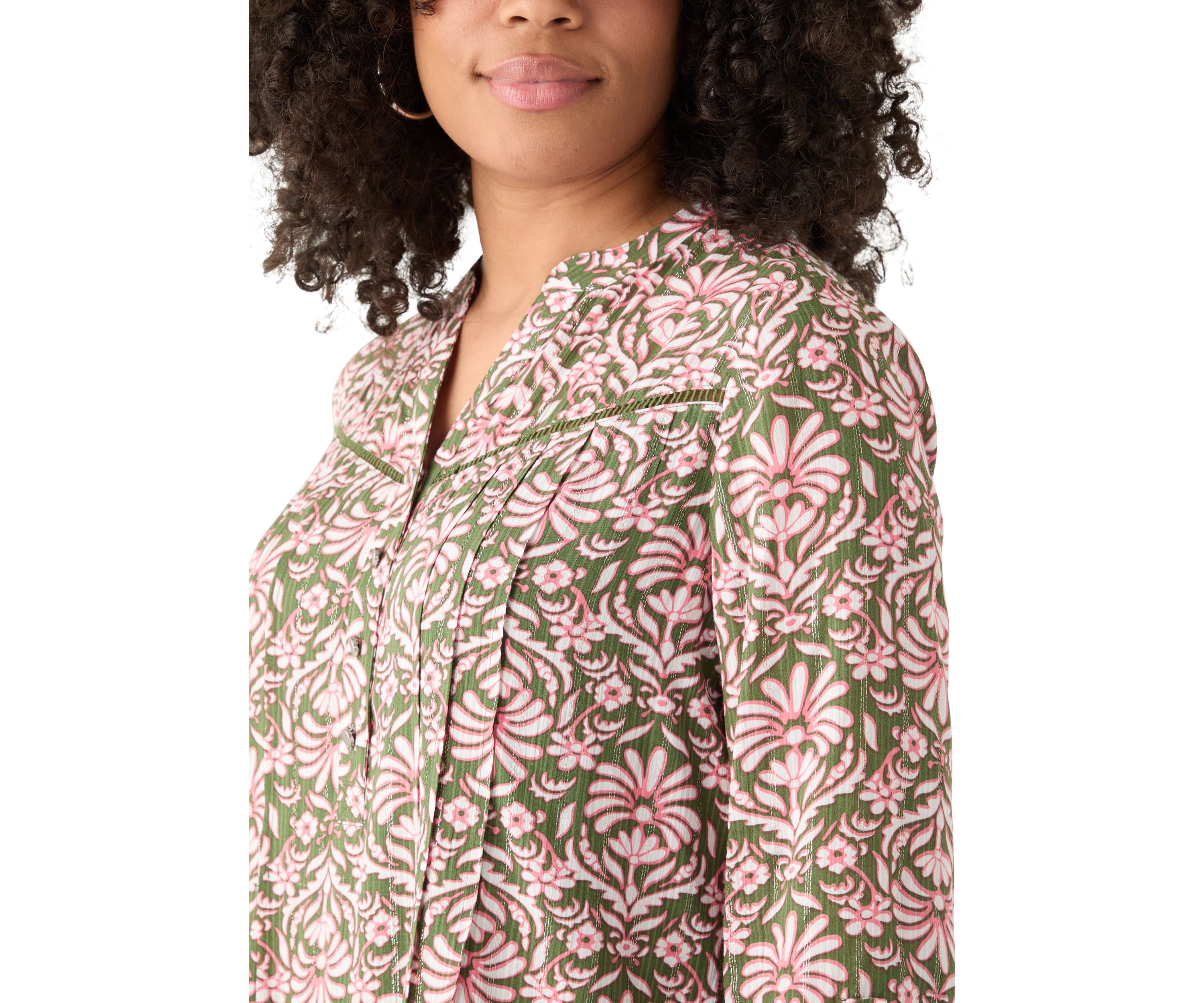 Womens 3/4 Sleeve Printed Henley Top with Trim 