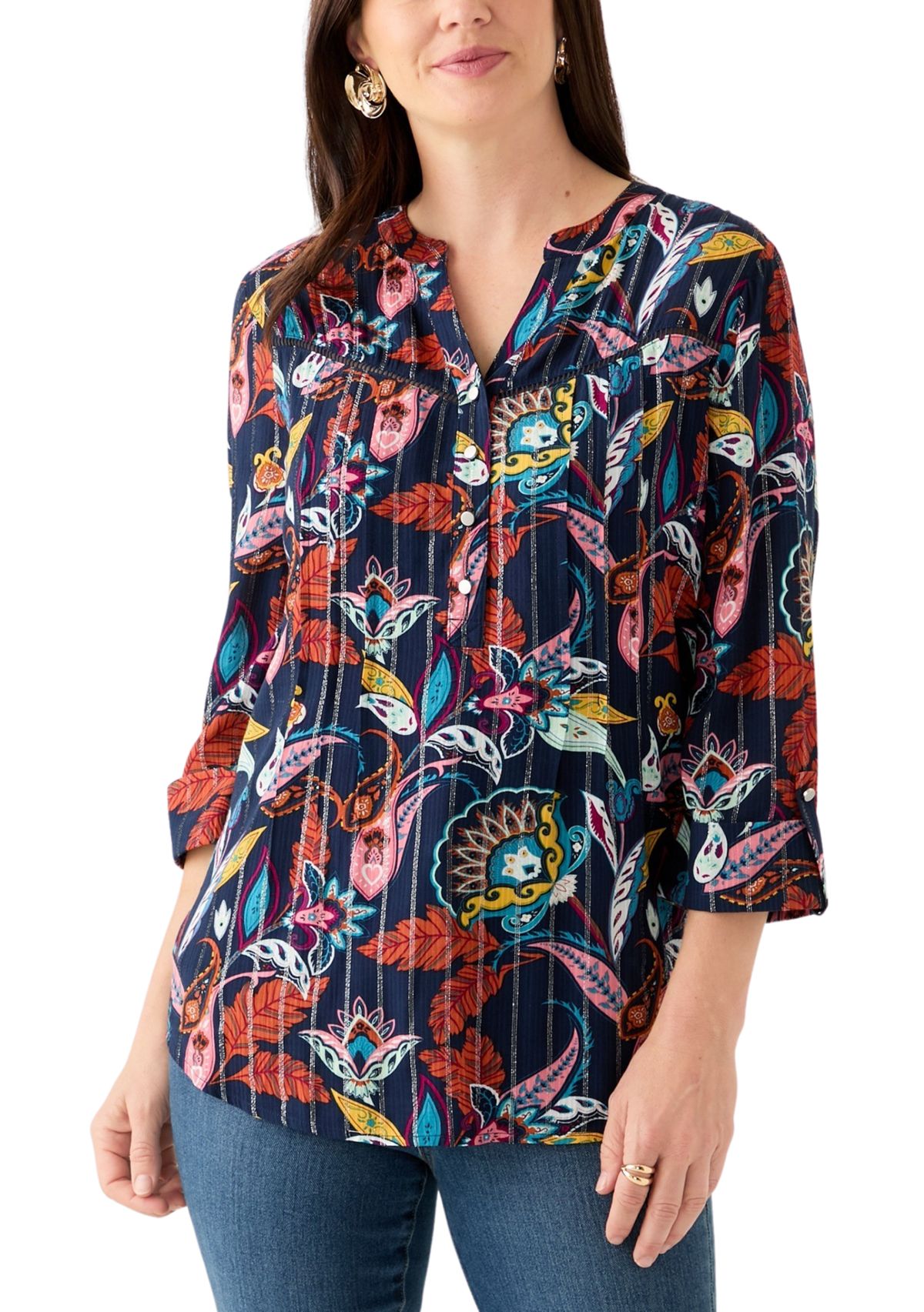 Womens 3/4 Sleeve Printed Henley Shirt 