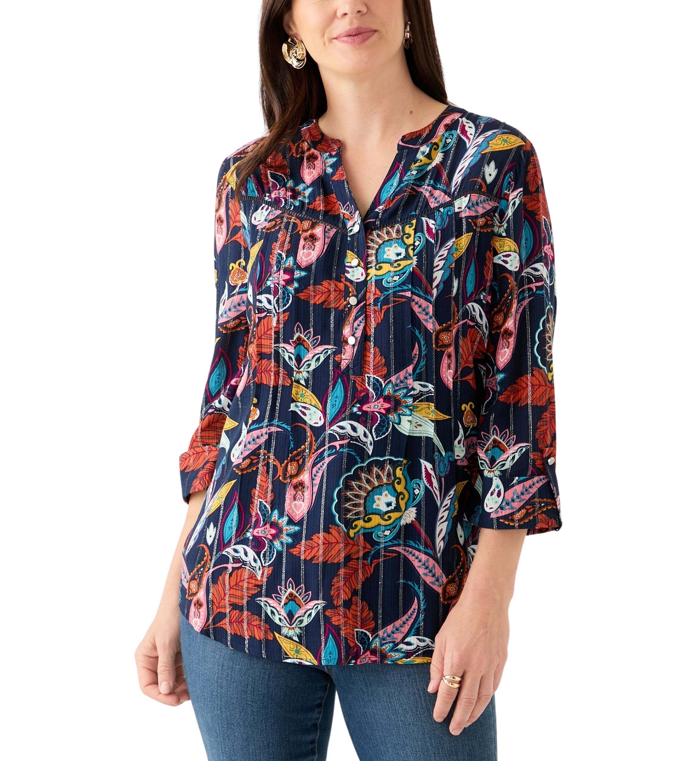 Womens 3/4 Sleeve Printed Henley Shirt 