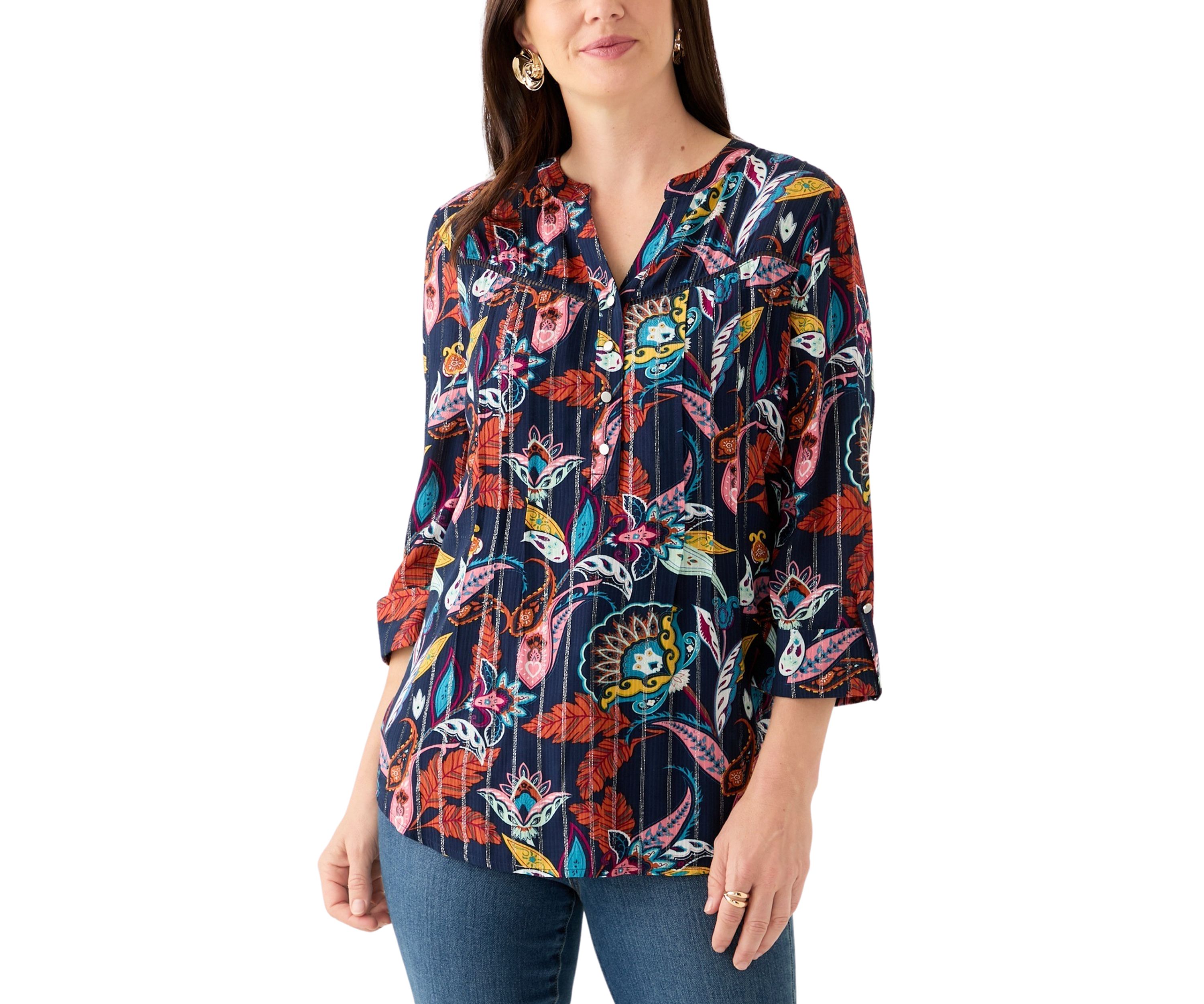 Womens 3/4 Sleeve Printed Henley Shirt 