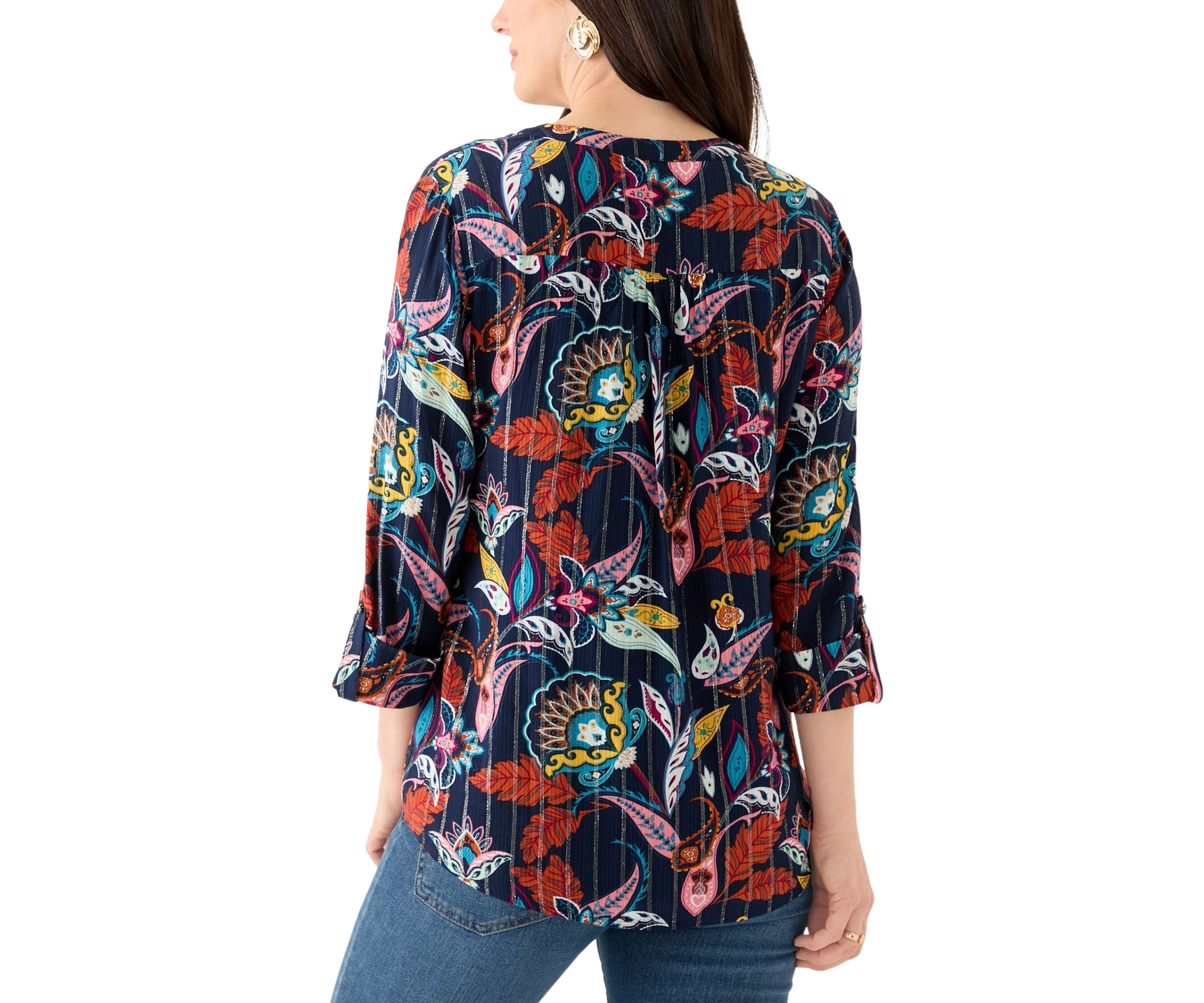 Womens 3/4 Sleeve Printed Henley Shirt 