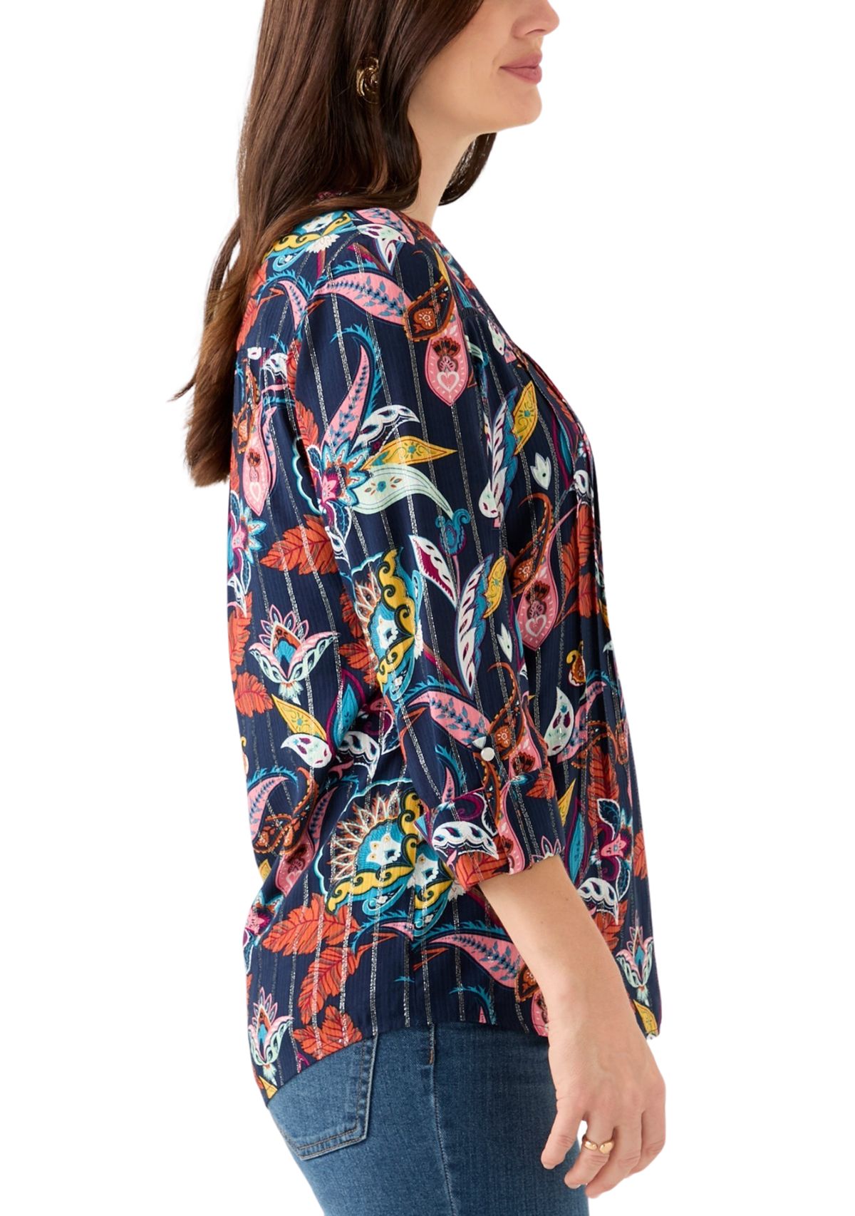 Womens 3/4 Sleeve Printed Henley Shirt 