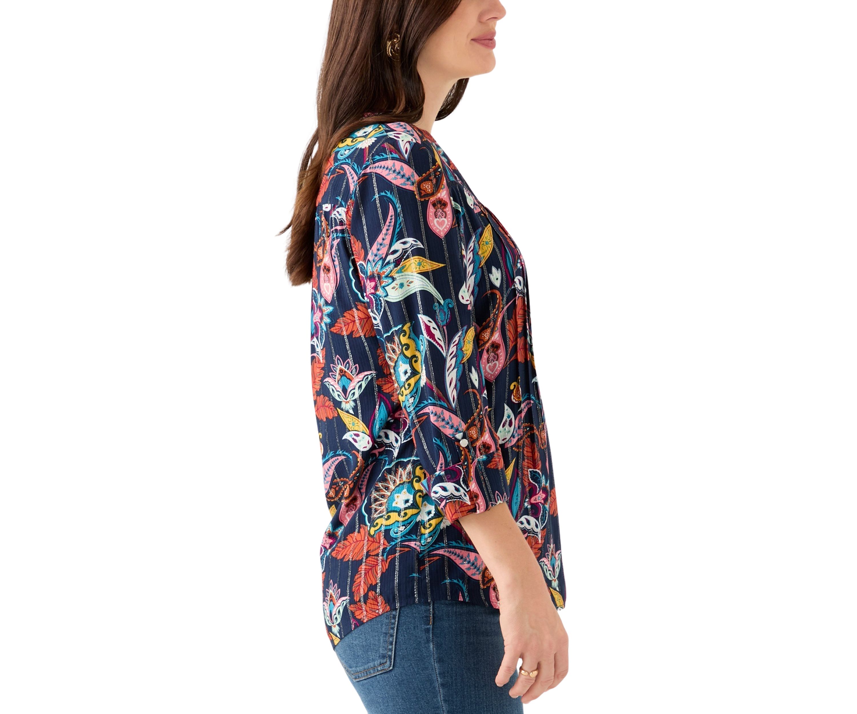 Womens 3/4 Sleeve Printed Henley Shirt 