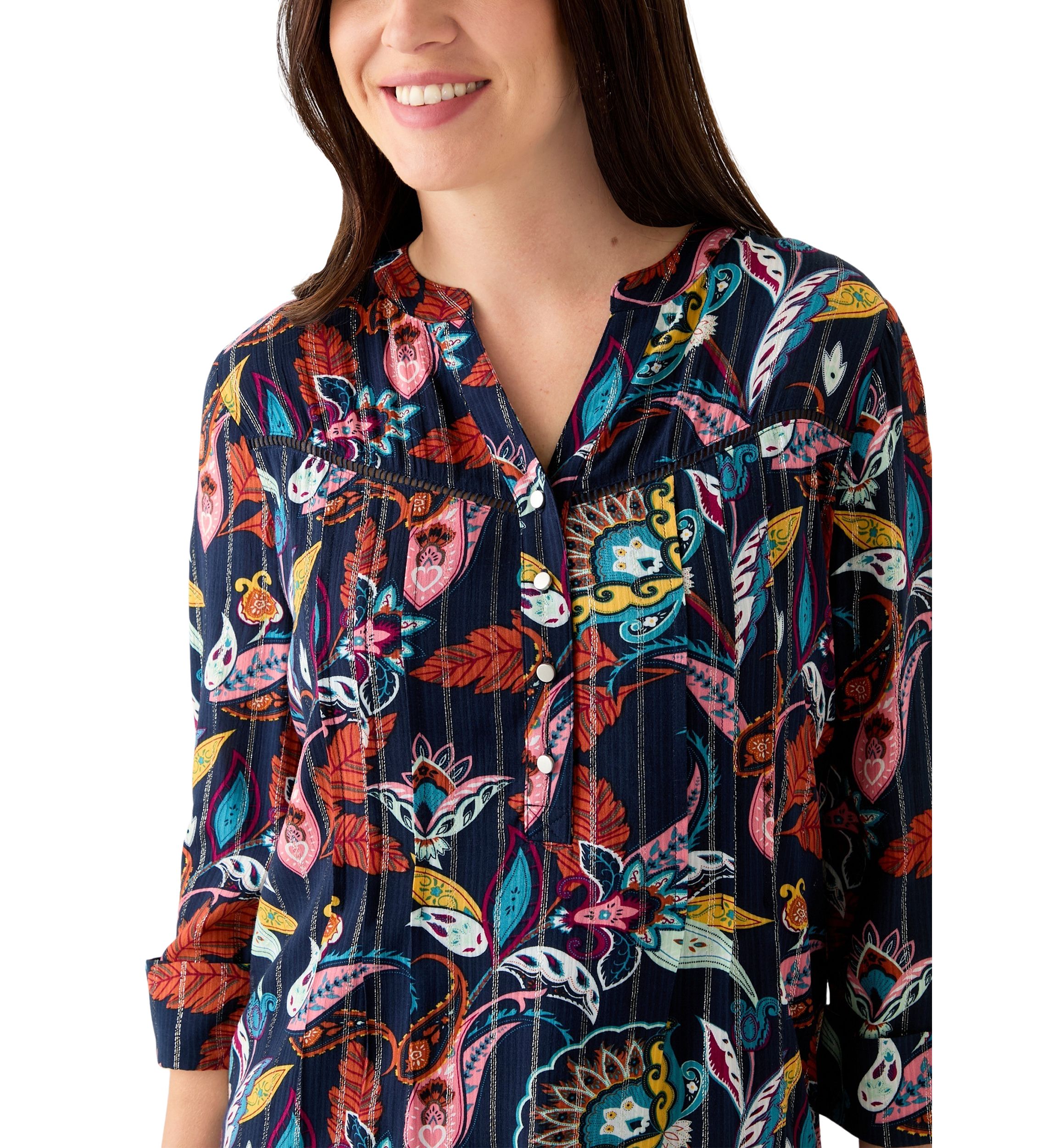 Womens 3/4 Sleeve Printed Henley Shirt 