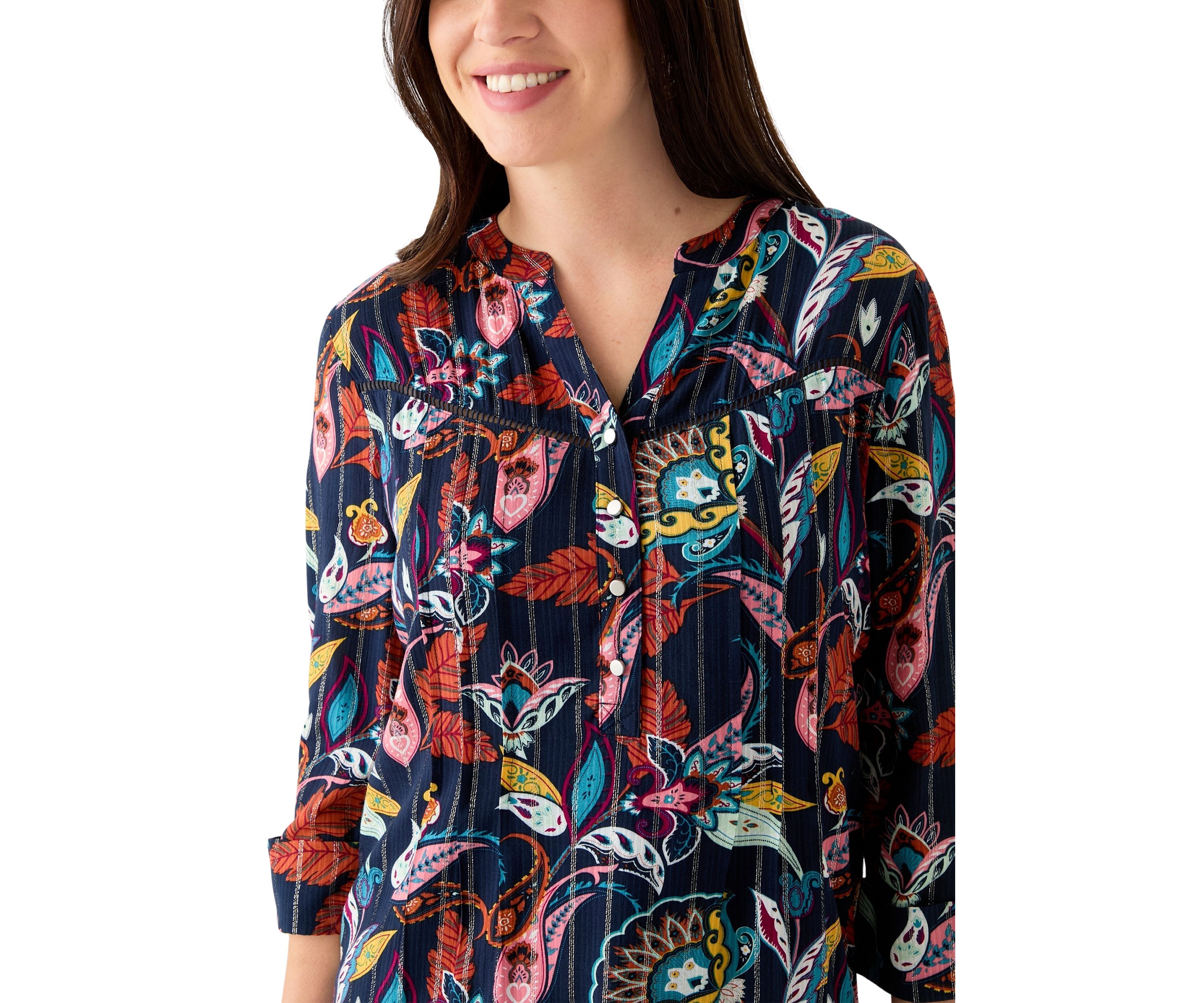 Womens 3/4 Sleeve Printed Henley Shirt 
