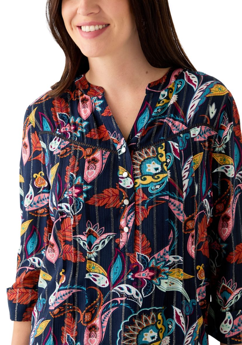 Womens 3/4 Sleeve Printed Henley Shirt 