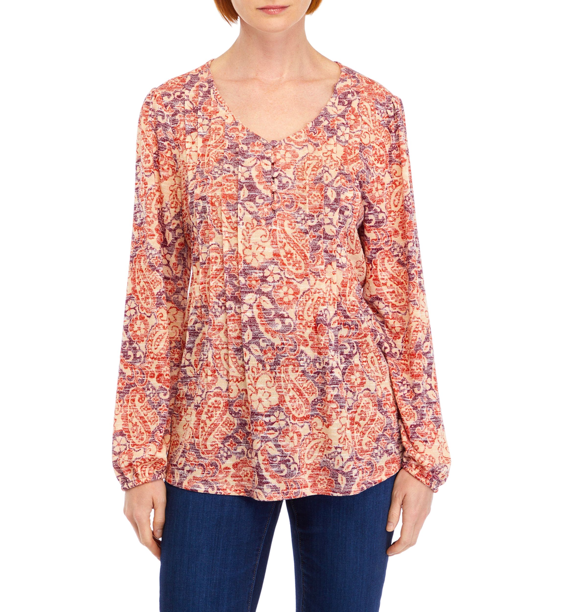 Womens V-Neck Printed Henley Shirt 