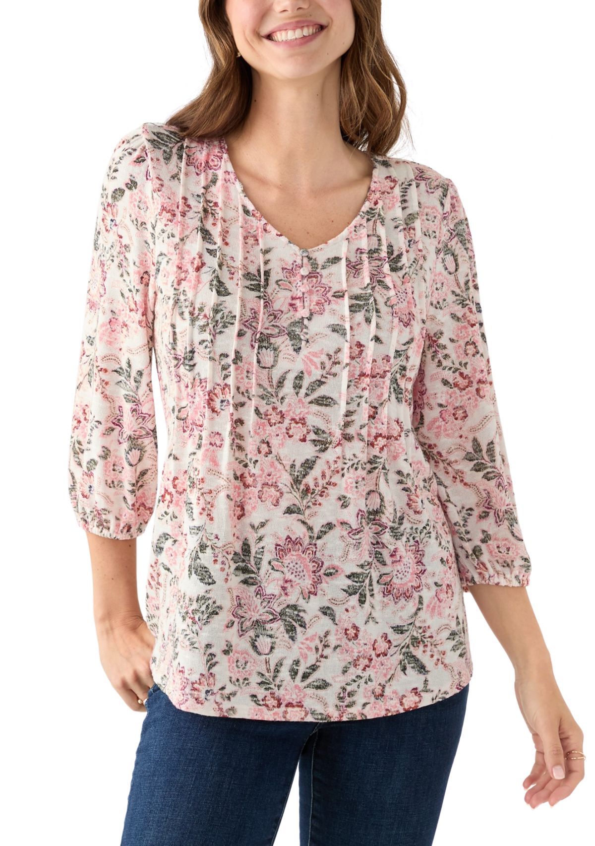 Womens 3/4 Sleeve Printed V-Neck Henley Shirt 