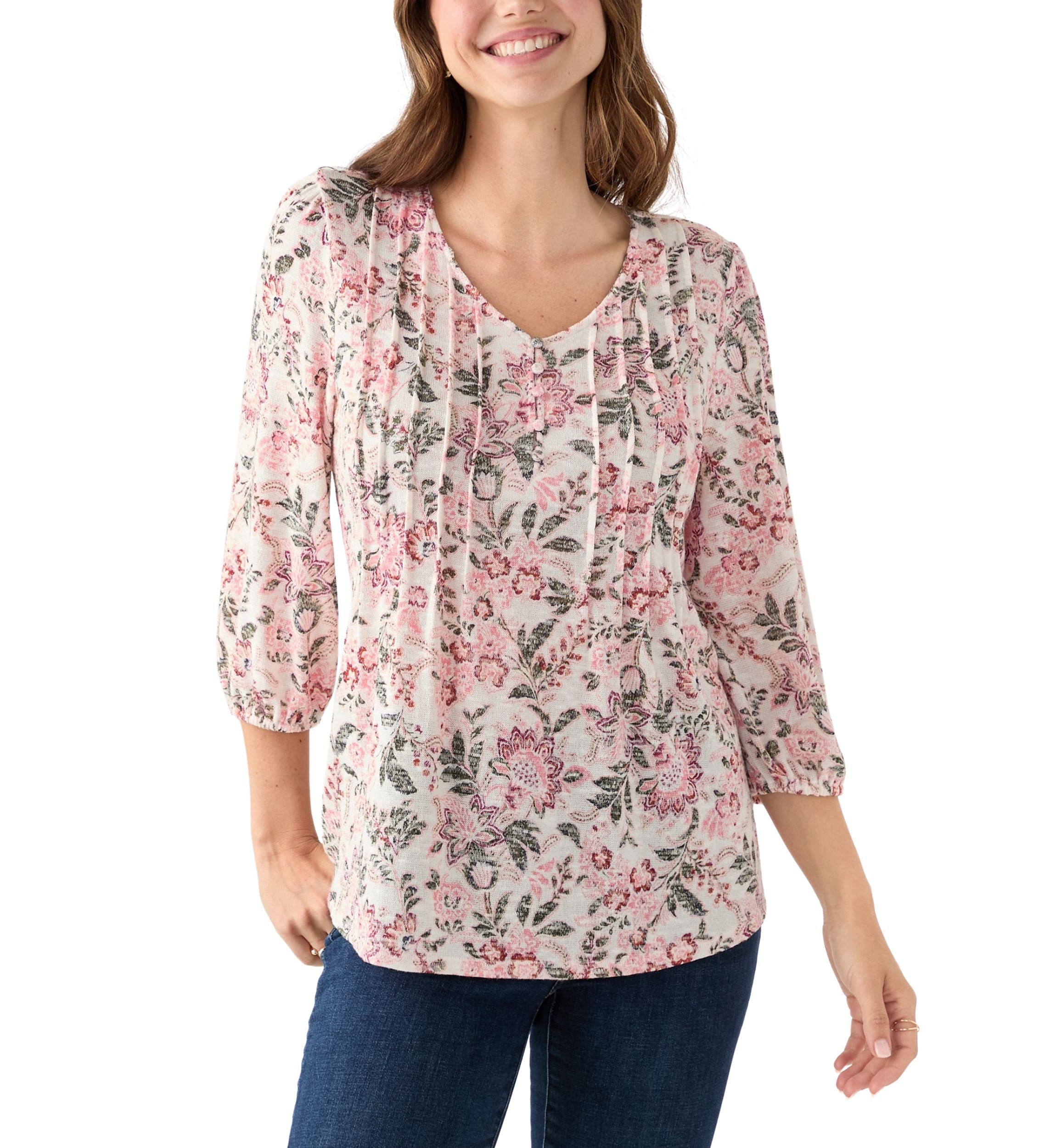Womens 3/4 Sleeve Printed V-Neck Henley Shirt 