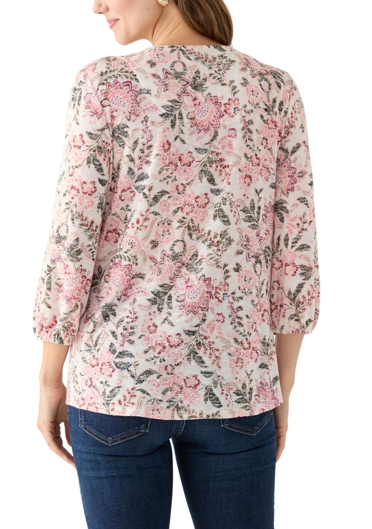 Womens 3/4 Sleeve Printed V-Neck Henley Shirt 