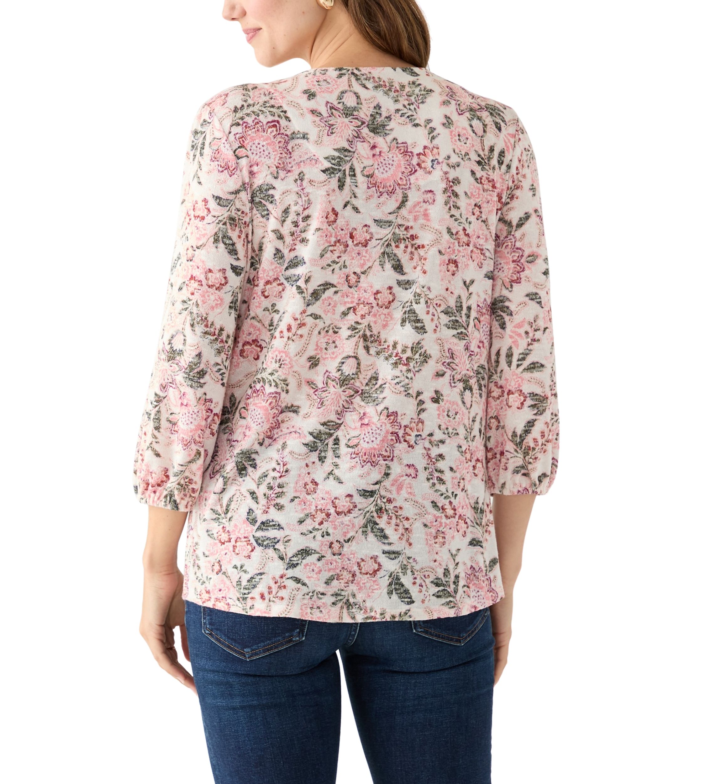 Womens 3/4 Sleeve Printed V-Neck Henley Shirt 