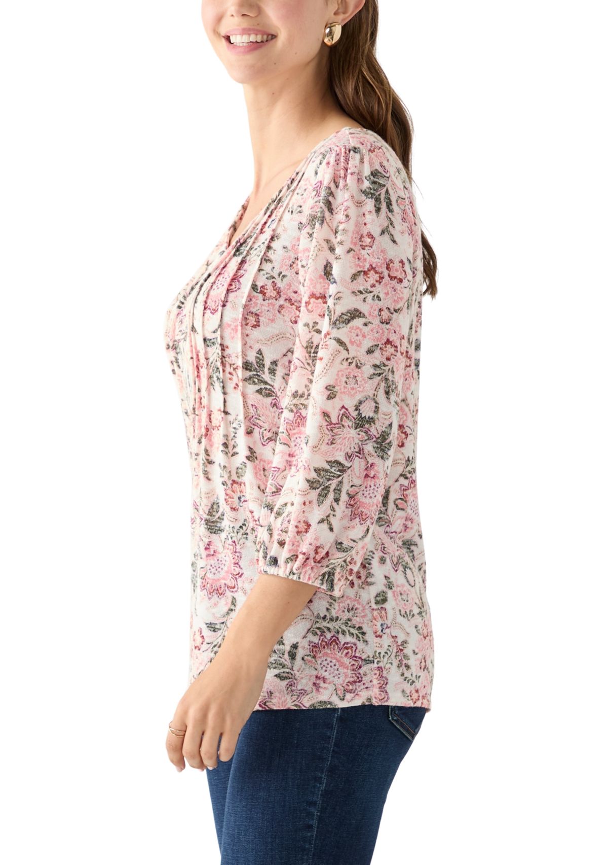 Womens 3/4 Sleeve Printed V-Neck Henley Shirt 