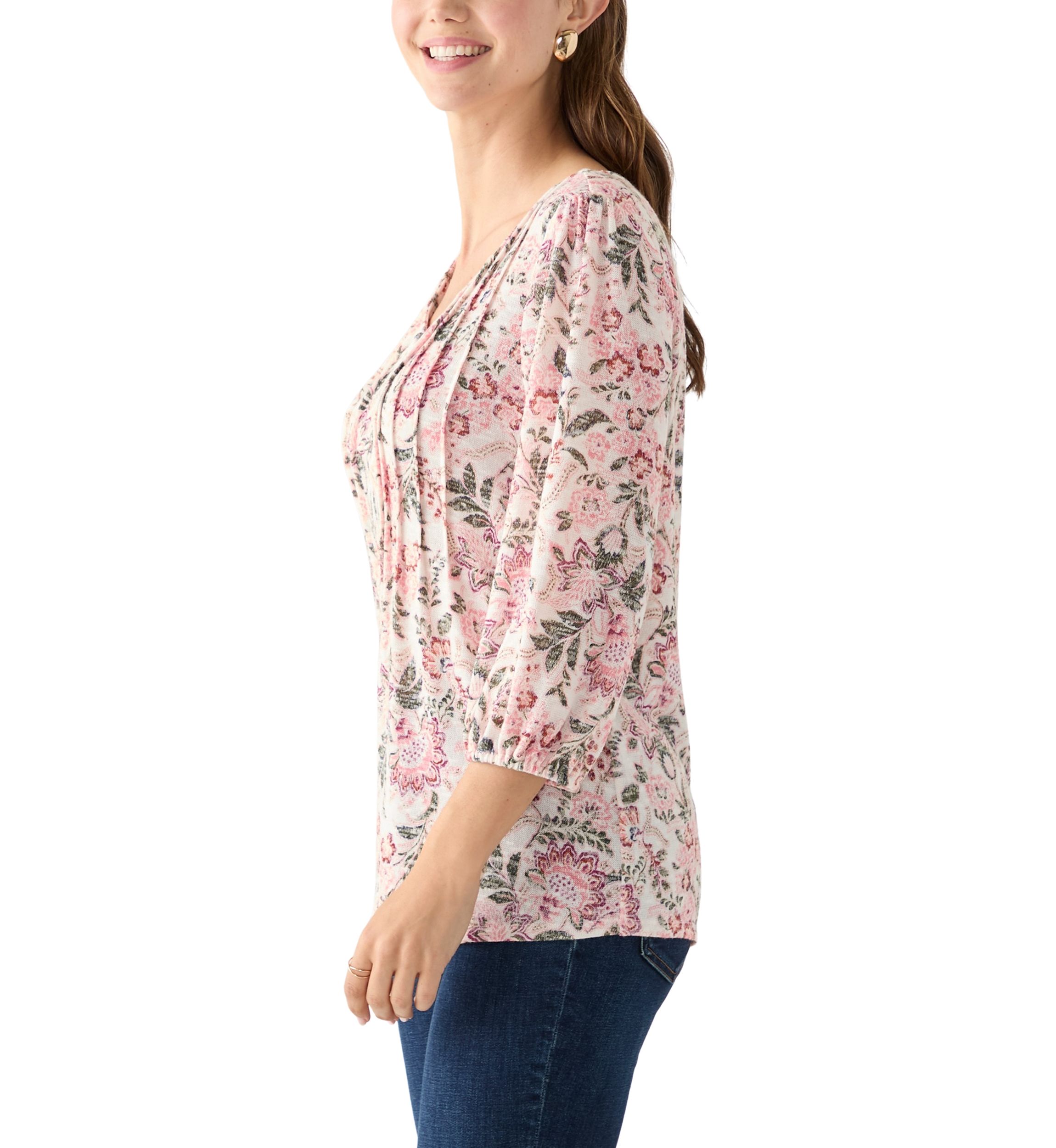 Womens 3/4 Sleeve Printed V-Neck Henley Shirt 