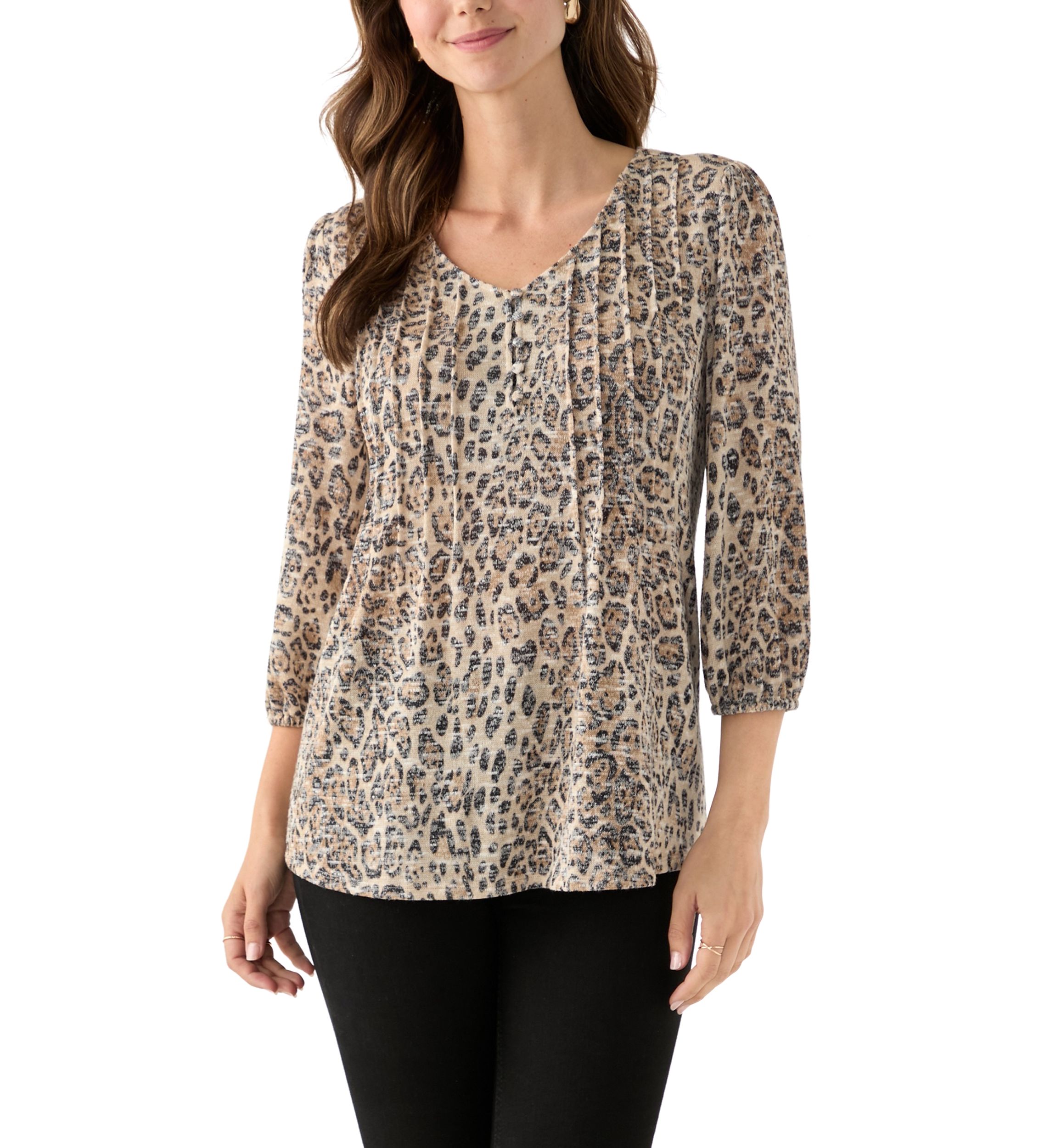  Womens 3/4 Sleeve Printed V-Neck Henley Shirt 