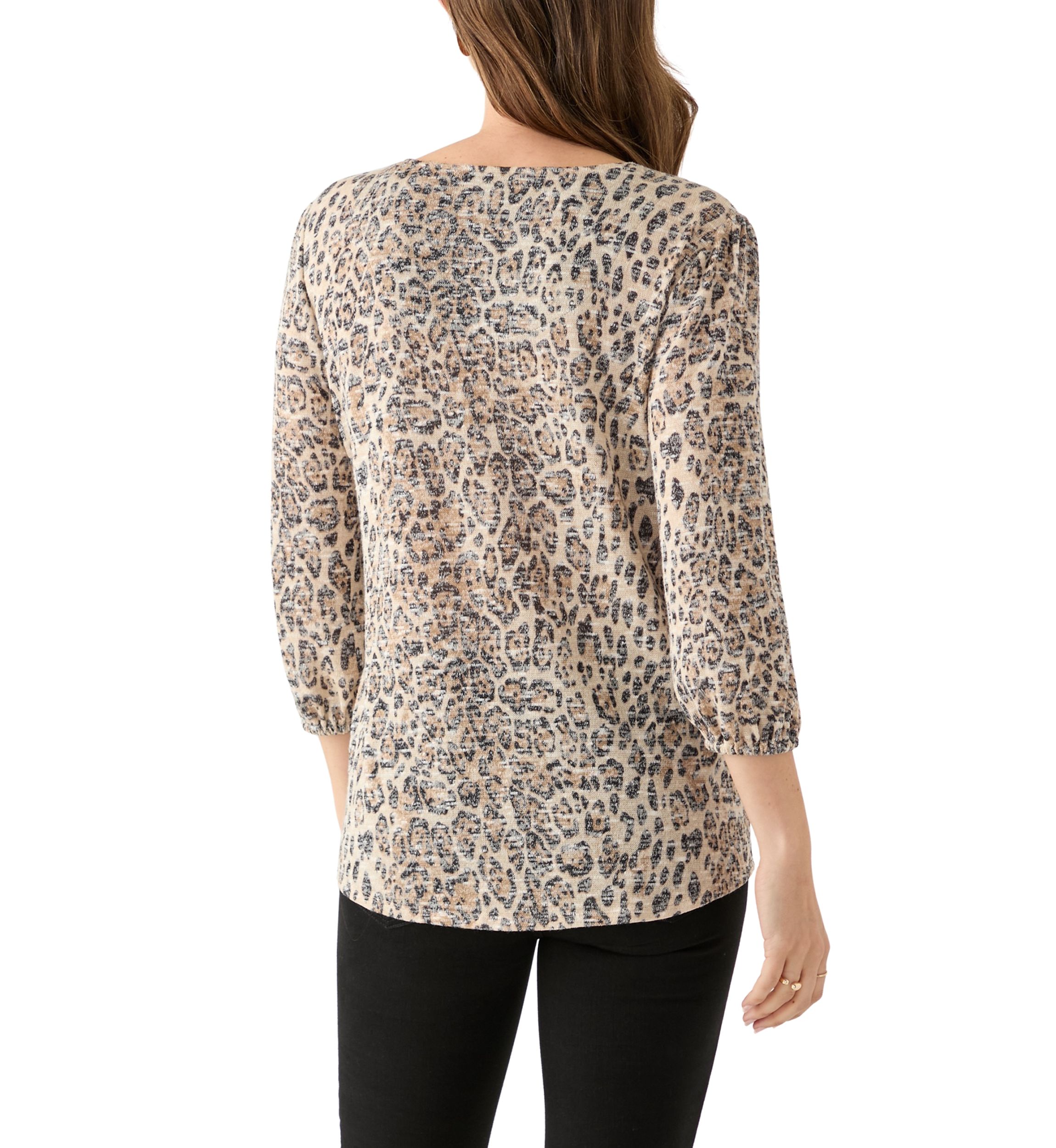  Womens 3/4 Sleeve Printed V-Neck Henley Shirt 