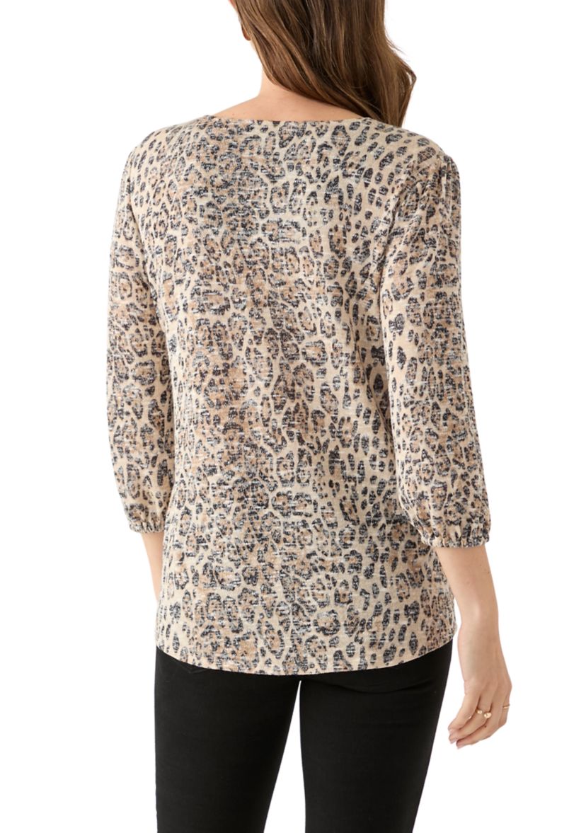  Womens 3/4 Sleeve Printed V-Neck Henley Shirt 