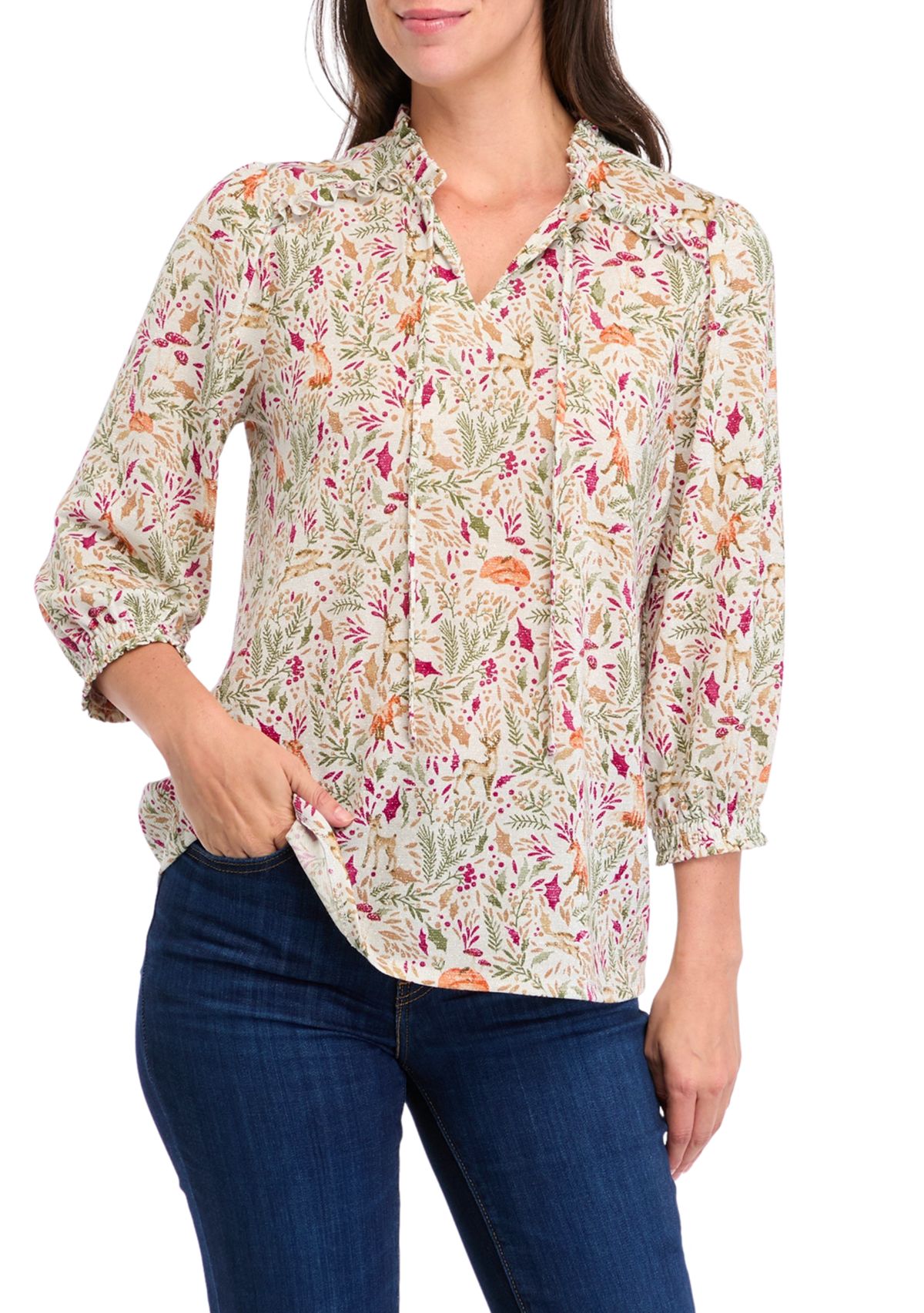Womens Long Sleeve Printed Peasant Top 