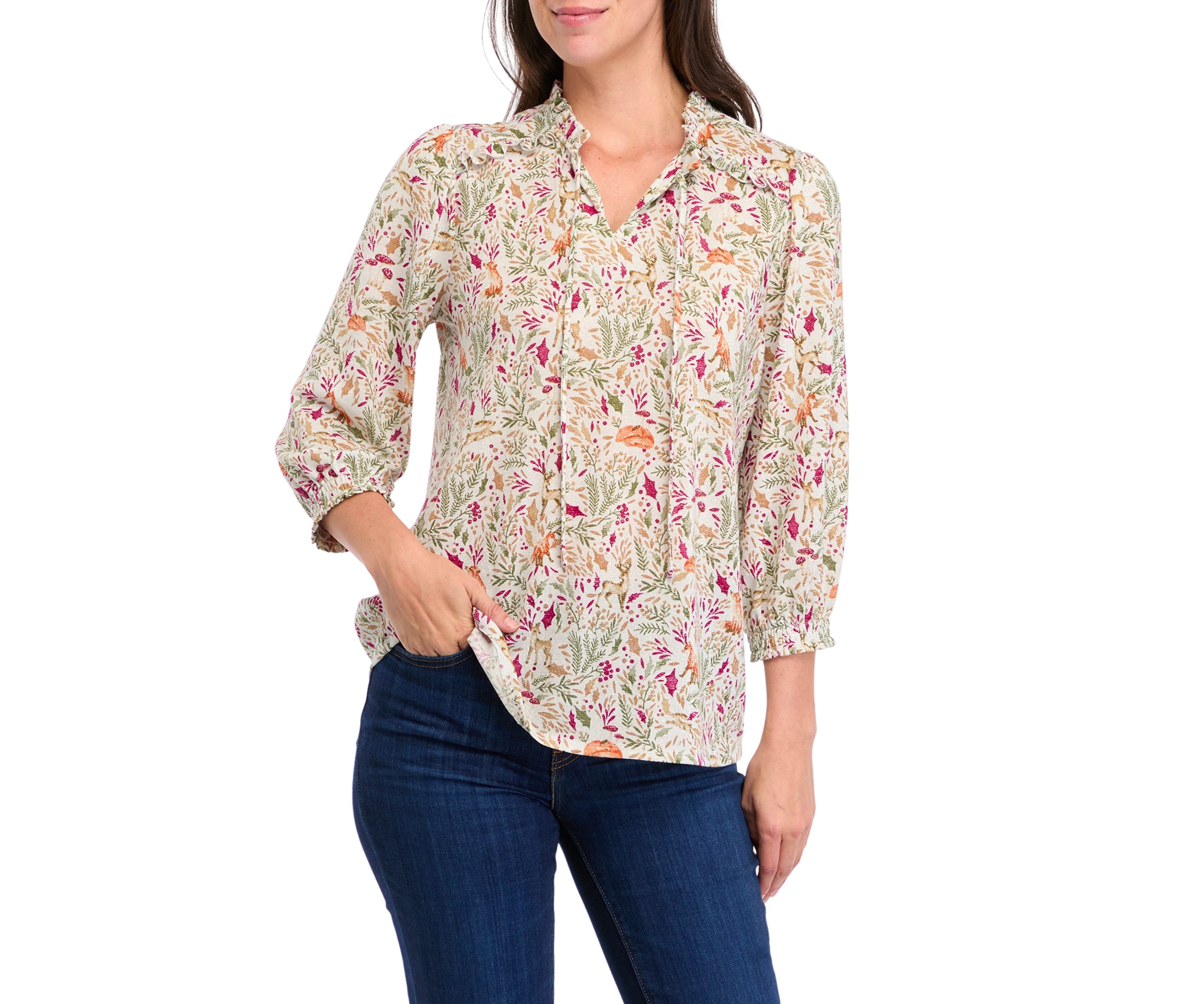 Womens Long Sleeve Printed Peasant Top 
