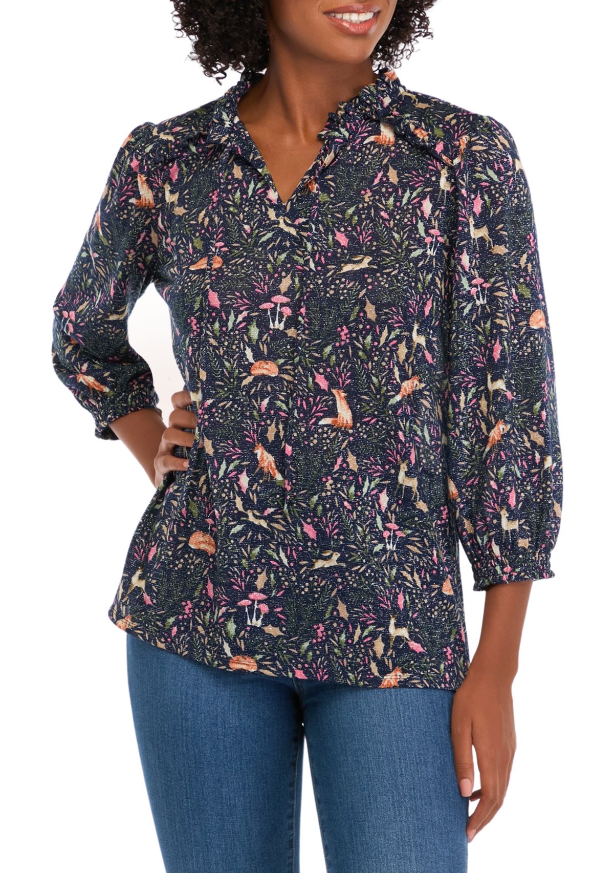 Womens 3/4 Sleeve Shine Hacci Print Peasant Blouse
