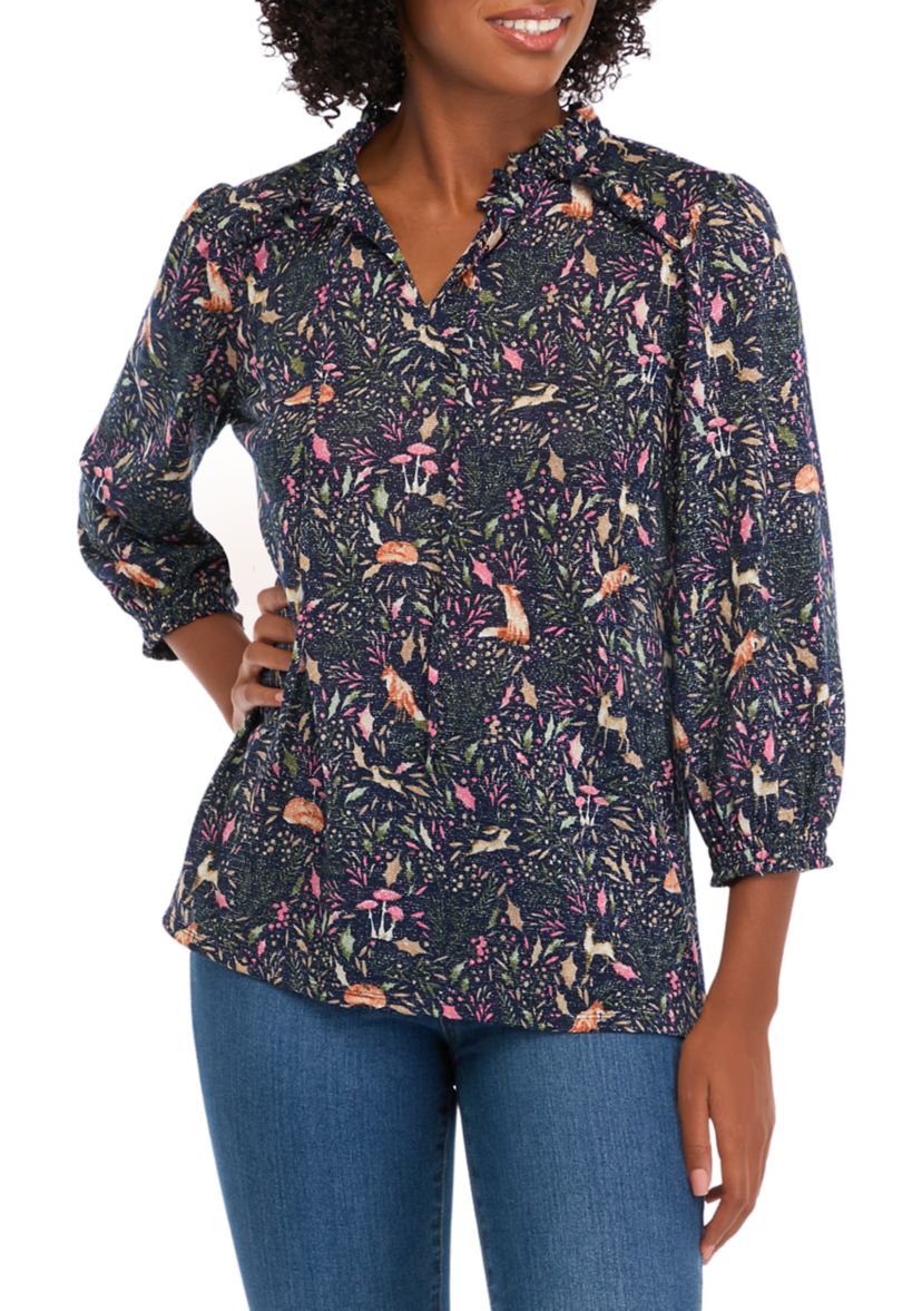 Womens 3/4 Sleeve Shine Hacci Print Peasant Blouse