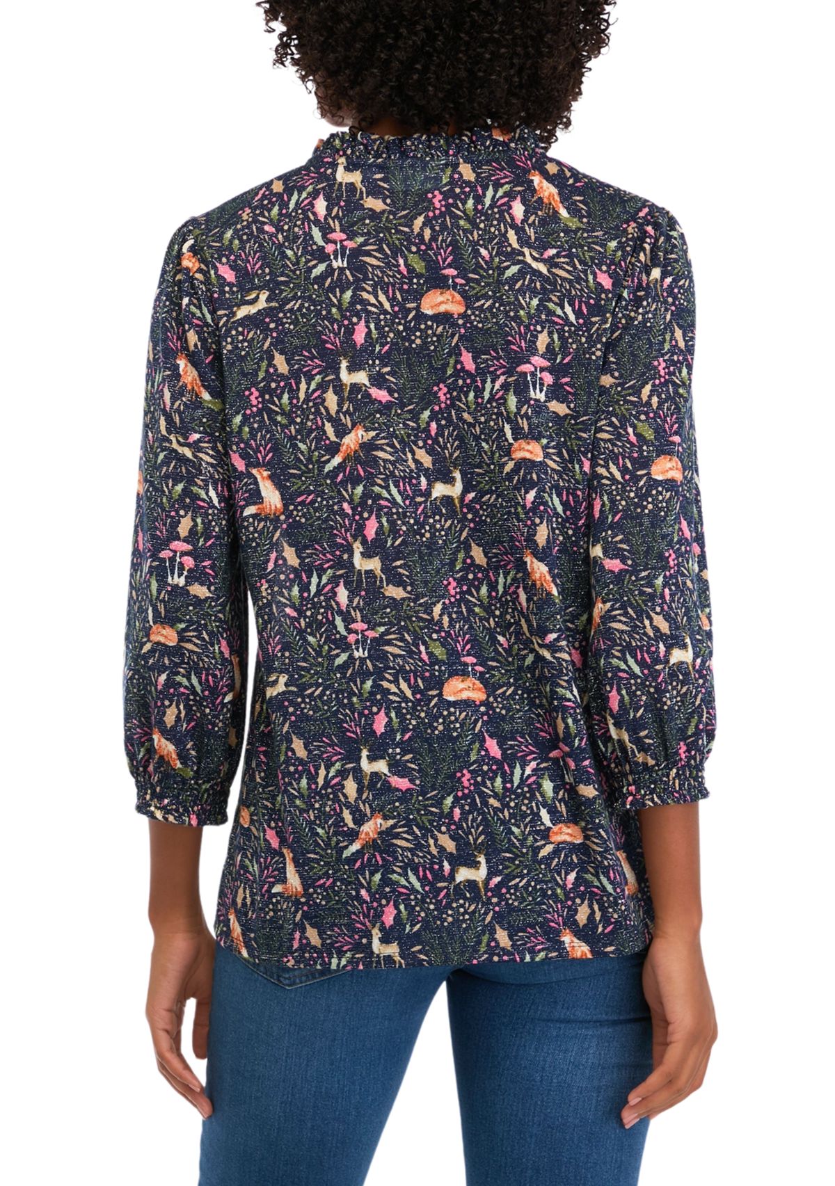 Womens 3/4 Sleeve Shine Hacci Print Peasant Blouse